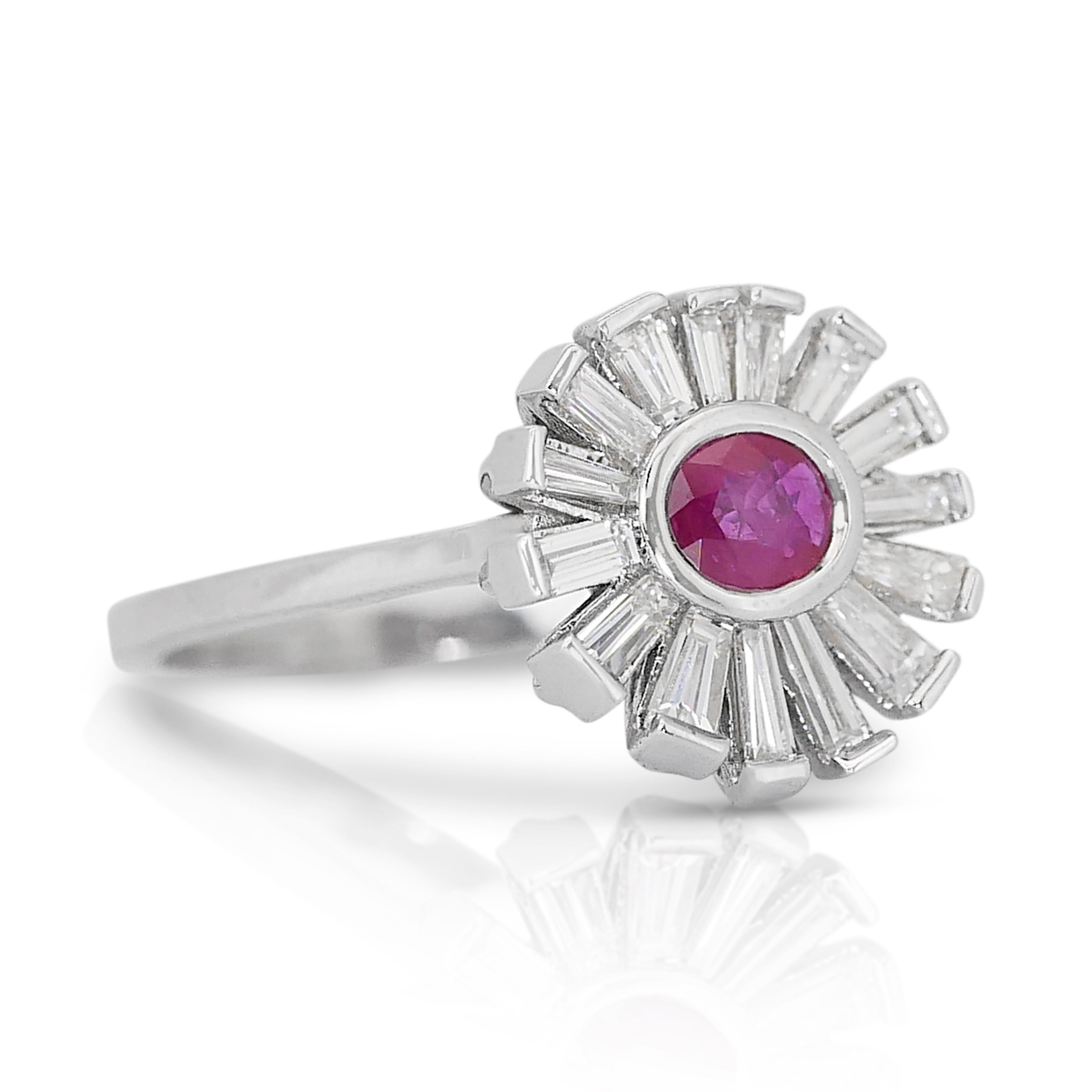 Stunning 1.20ct Ruby and Diamonds Halo Ring in 18k White Gold - IGI Certified

This refined 18k white gold halo ring features a vibrant 0.38-carat oval ruby at its center, radiating a deep purplish-red color that captures the essence of passion and