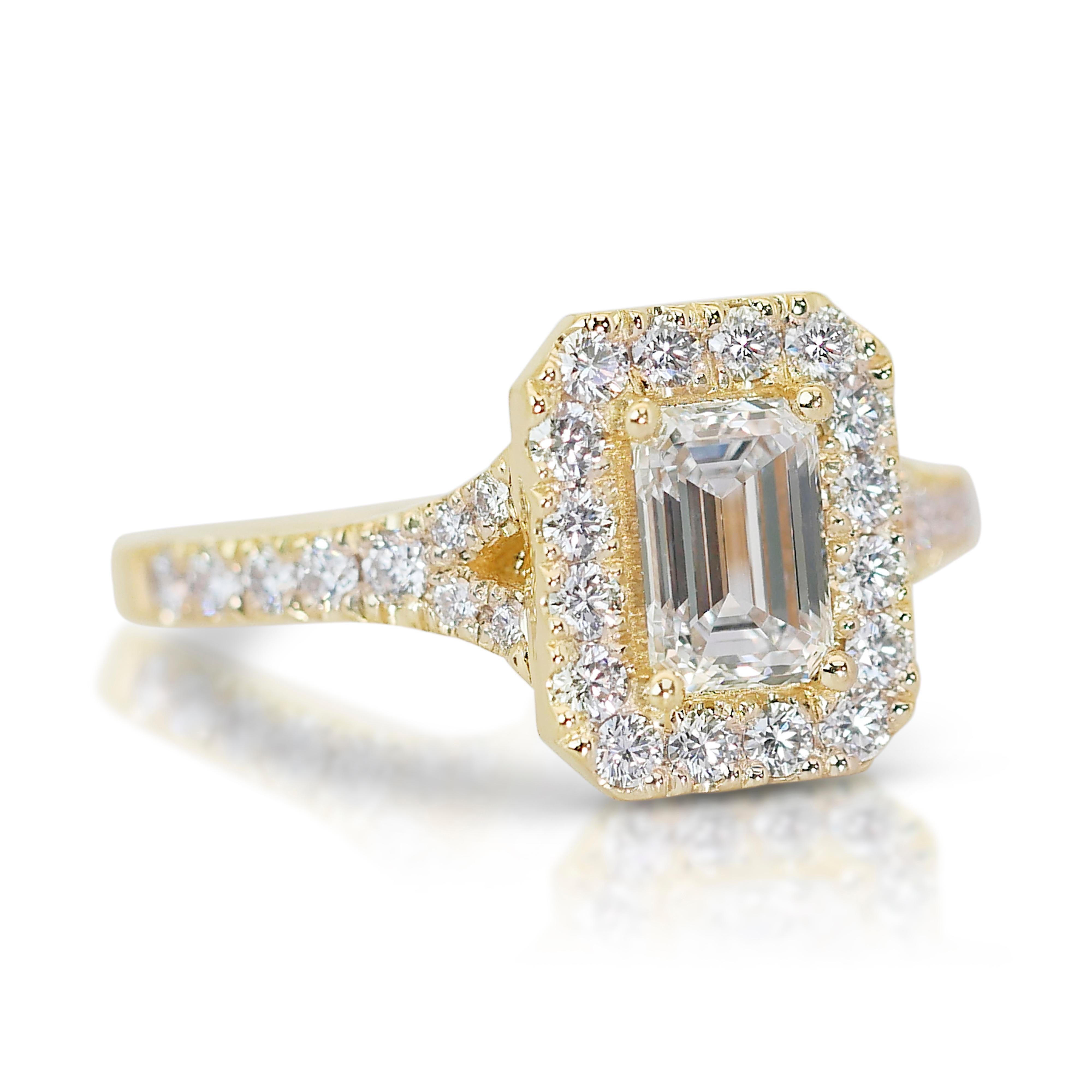 Emerald Cut Stunning 1.22ct Diamonds Halo Ring in 18k Yellow Gold - GIA Certified