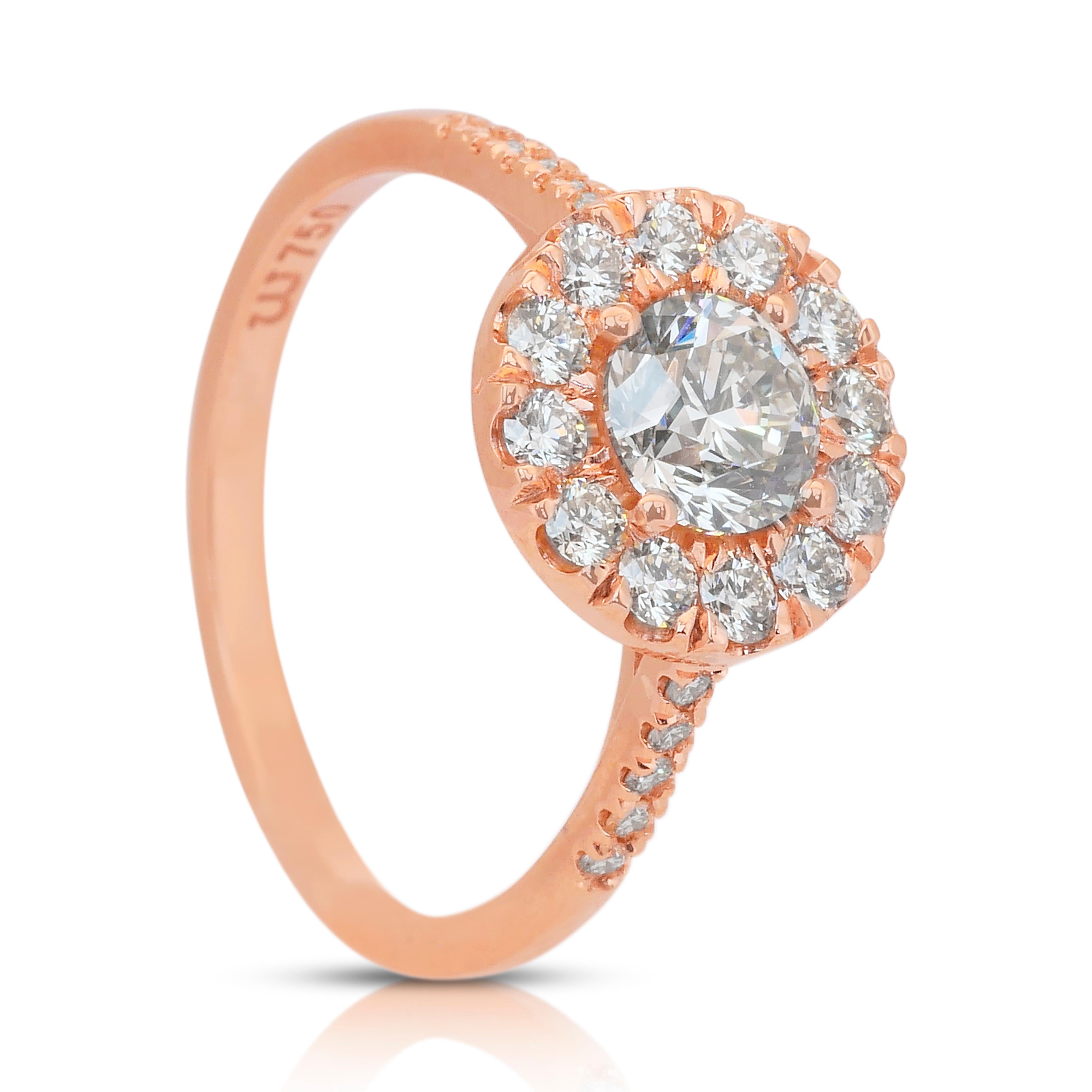 Stunning 1.28ct Diamonds Halo Ring in 18k Rose Gold - IGI Certified en vente 3