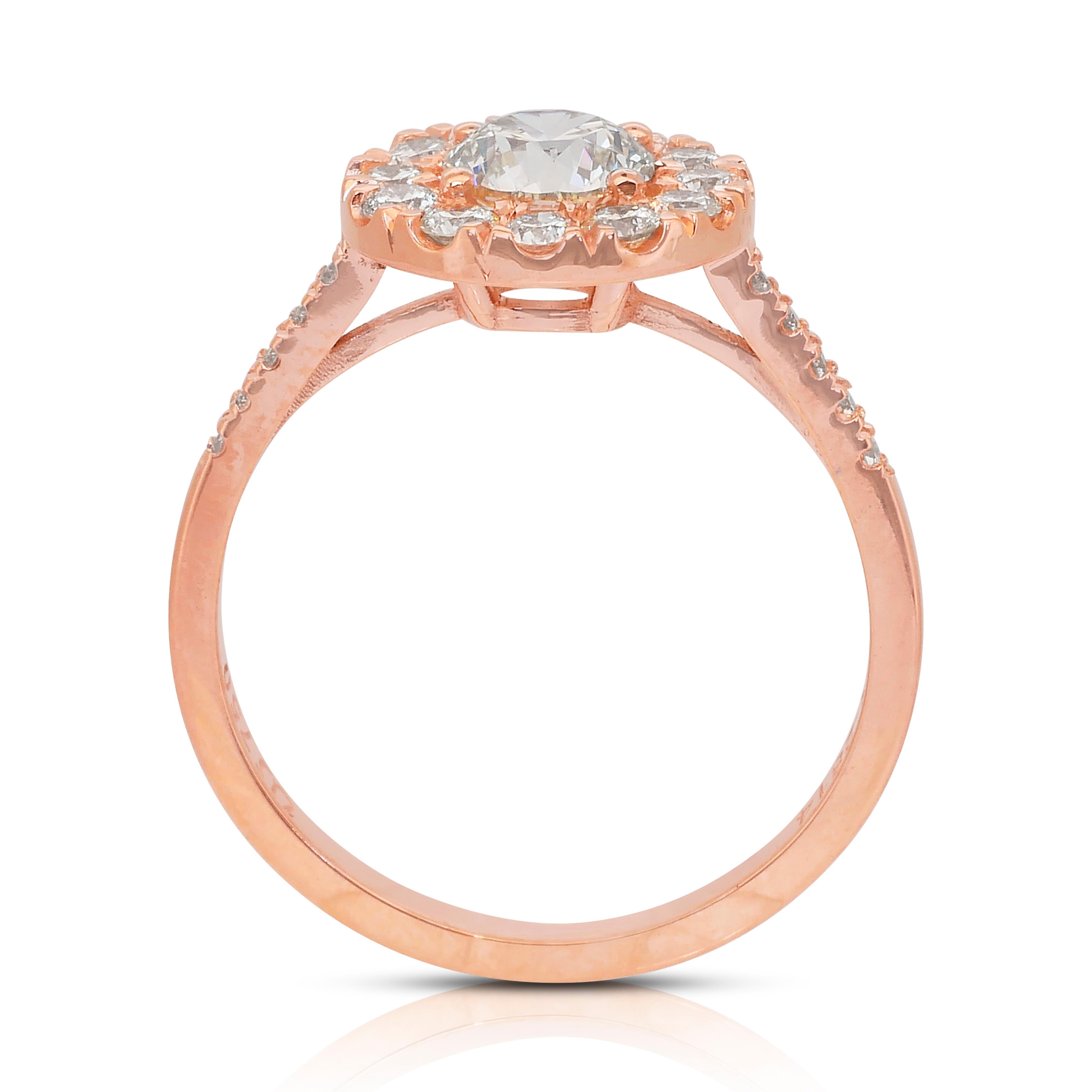 Stunning 1.28ct Diamonds Halo Ring in 18k Rose Gold - IGI Certified en vente 4