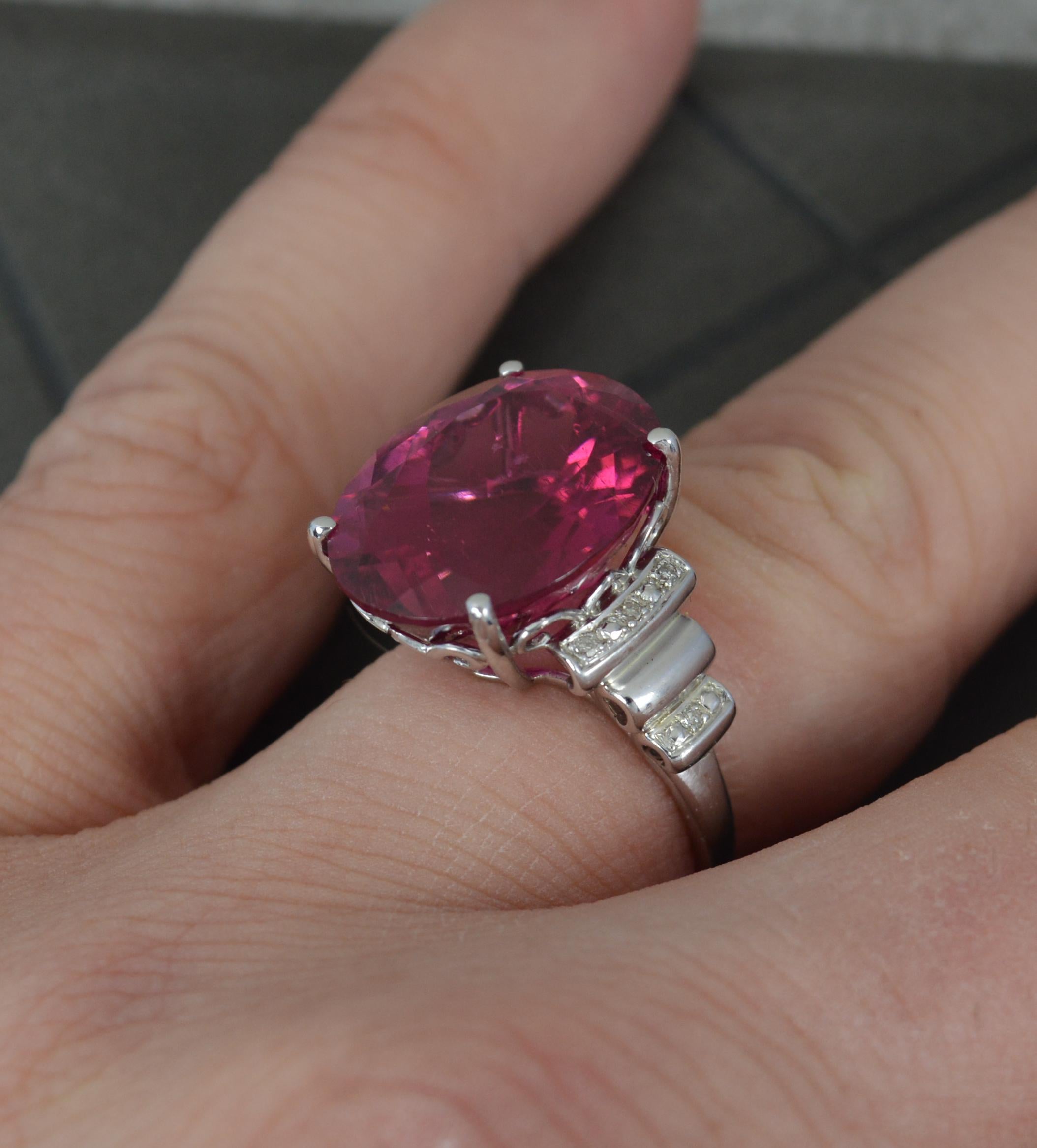 Oval Cut Stunning 12ct Pink Tourmaline and Diamond 14ct White Gold Statement Ring For Sale