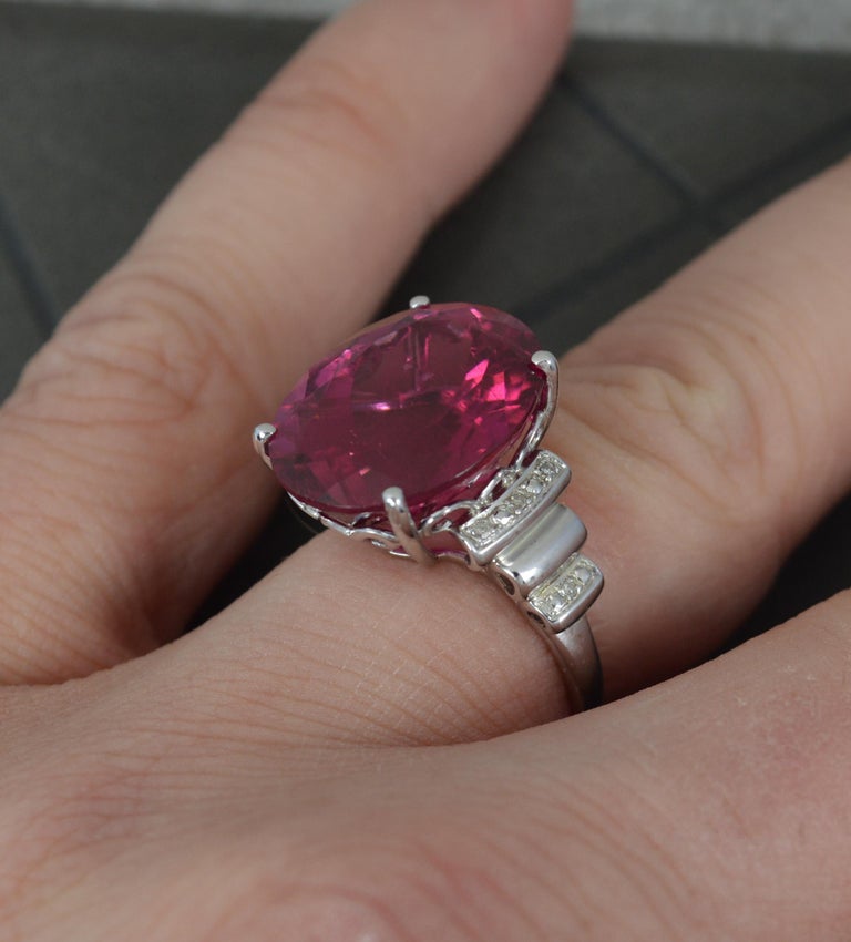 Oval Cut Stunning 12ct Pink Tourmaline and Diamond 14ct White Gold Statement Ring For Sale