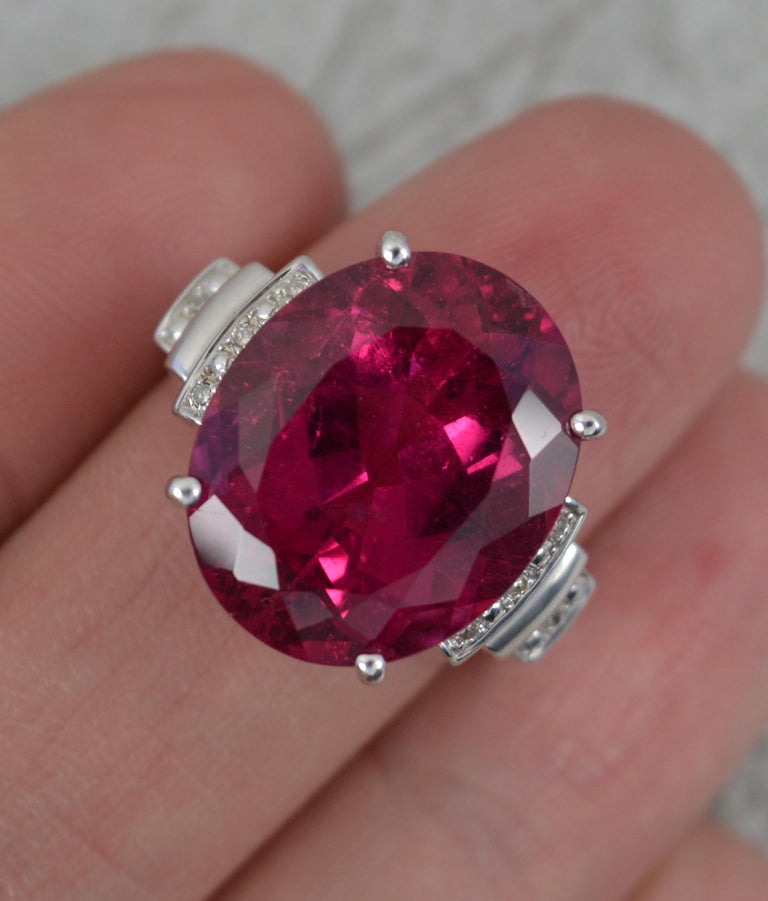 Women's Stunning 12ct Pink Tourmaline and Diamond 14ct White Gold Statement Ring For Sale