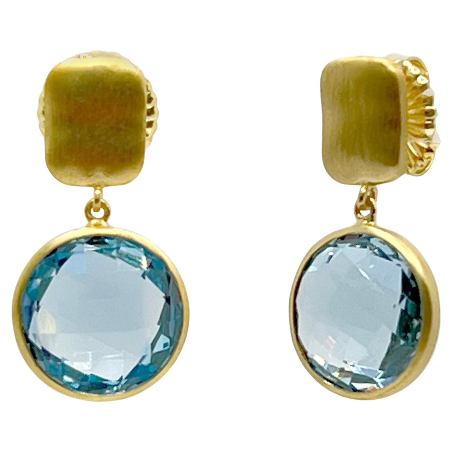 Stunning 12ct Round Briolette Cut Blue Topaz Drop Earrings For Sale