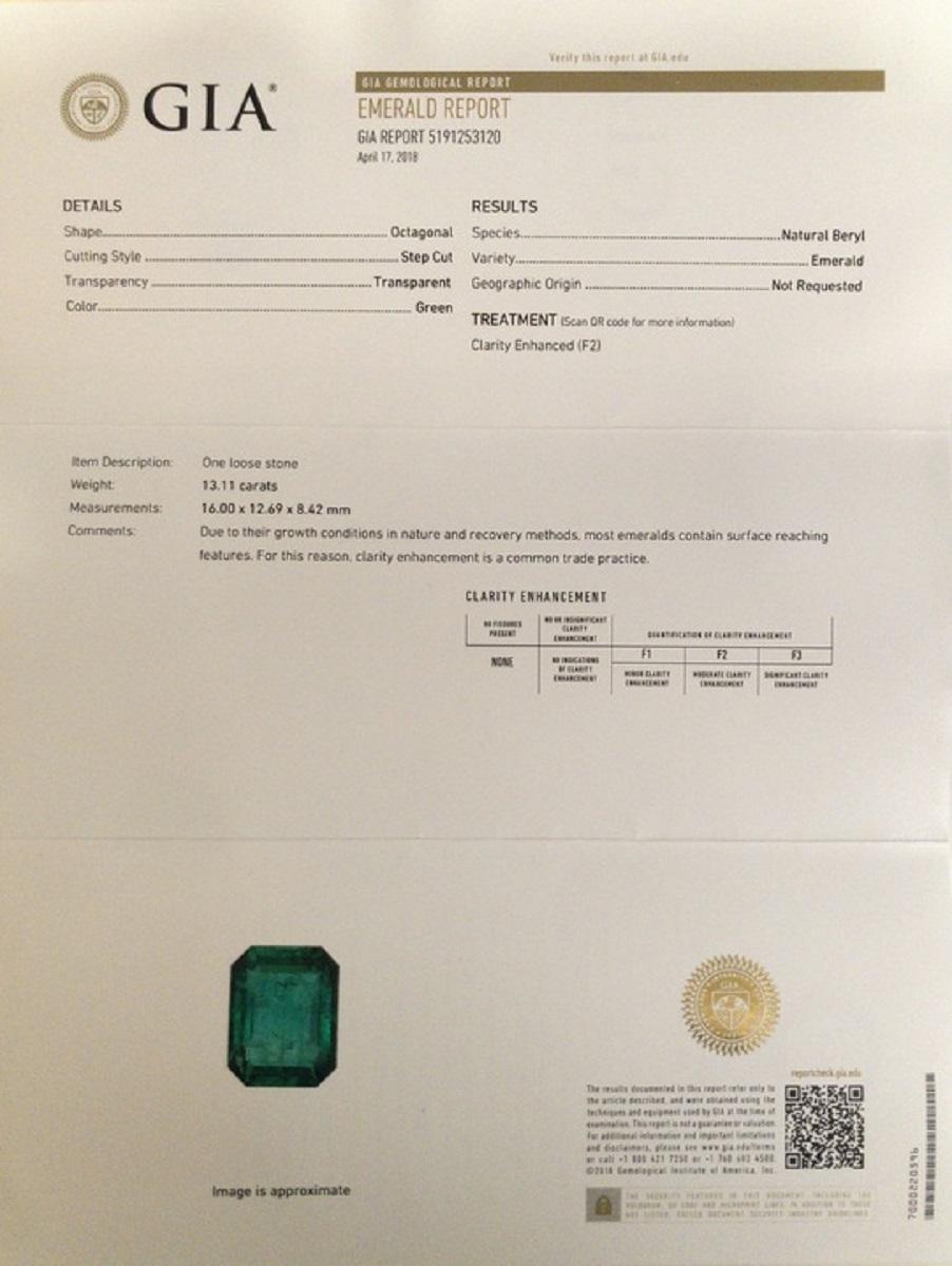 Emerald Cut Stunning 13.11ct Certified Green Emerald & Diamond Ring in 18k Yellow Gold For Sale