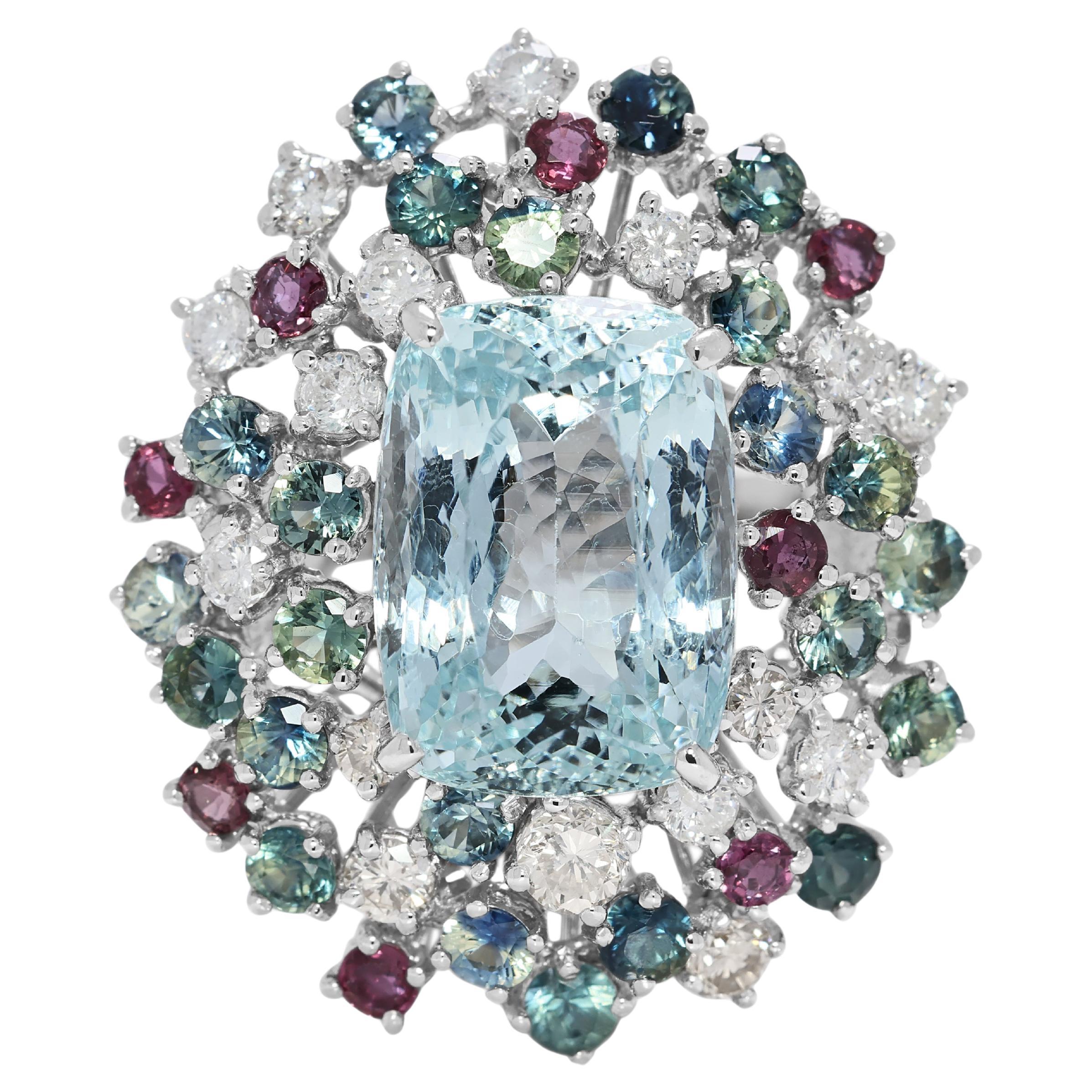 Stupendo anello da cocktail con acquamarina, diamante, zaffiro e rubino da 13,39 carati