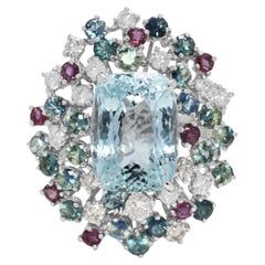 Superbe bague cocktail de 13,39ct avec aigue-marine, diamant, saphir et rubis