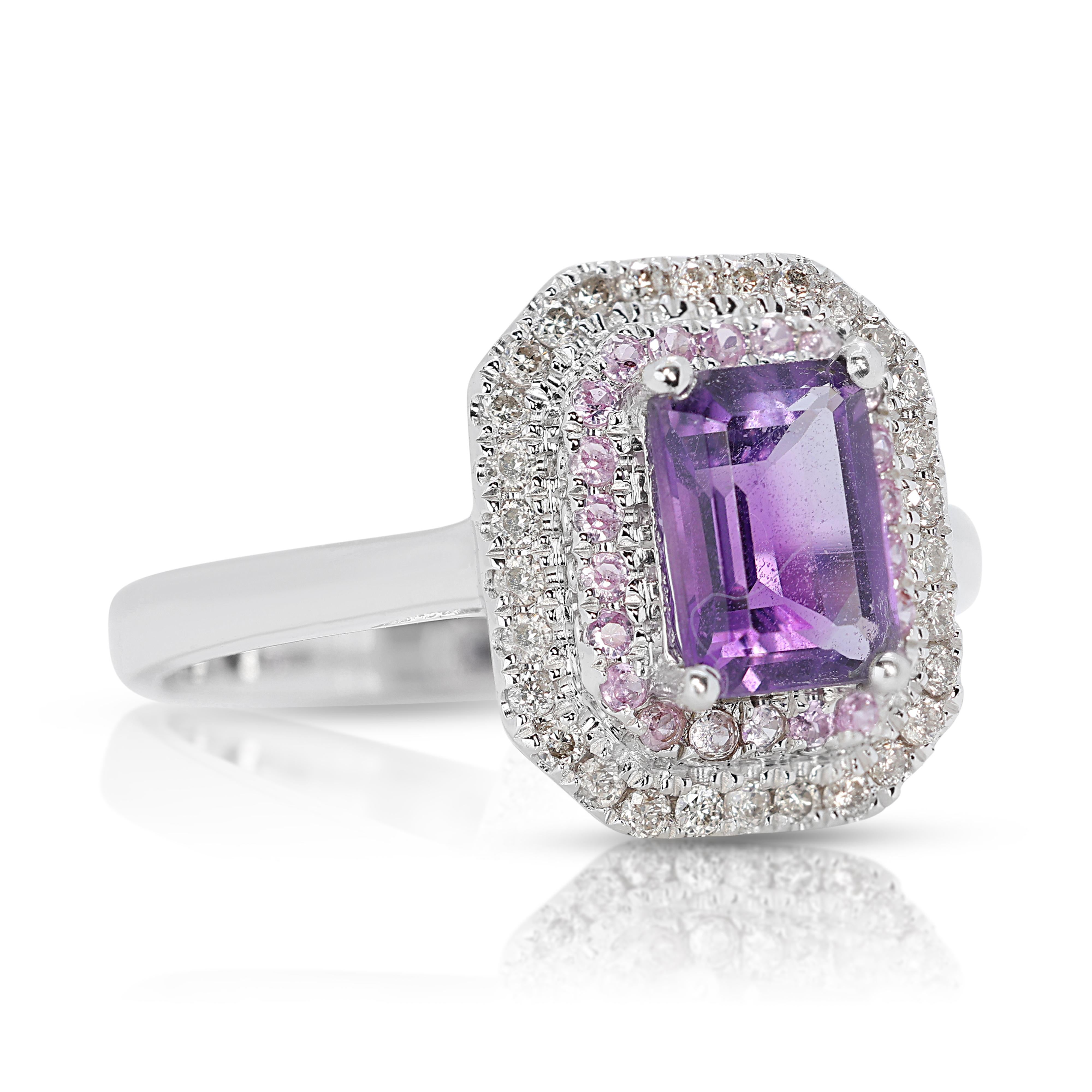 Emerald Cut Stunning 1.35ct Amethyst Double Halo Ring with Gemstones and Diamonds