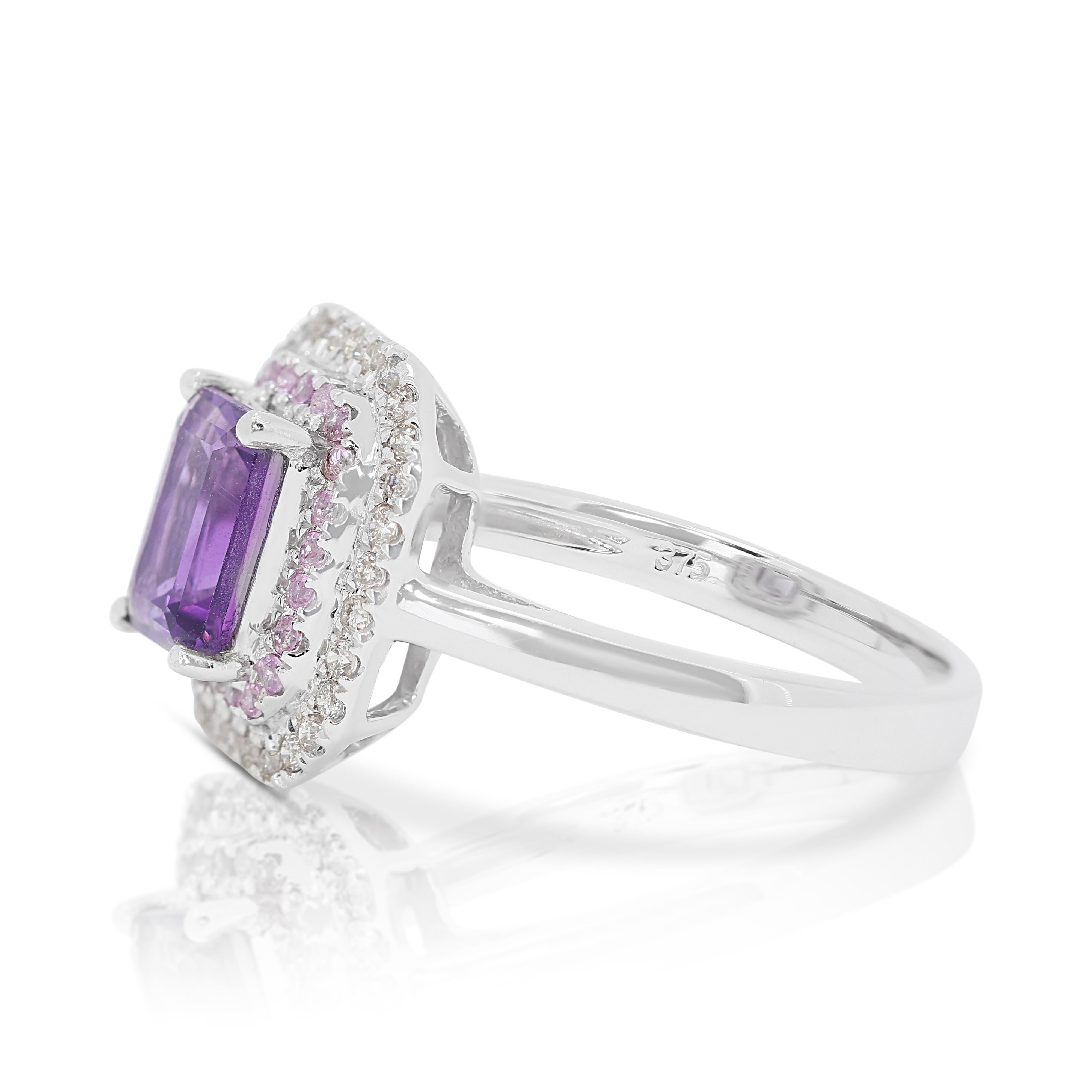 Stunning 1.35ct Amethyst Double Halo Ring with Gemstones and Diamonds In Excellent Condition In רמת גן, IL