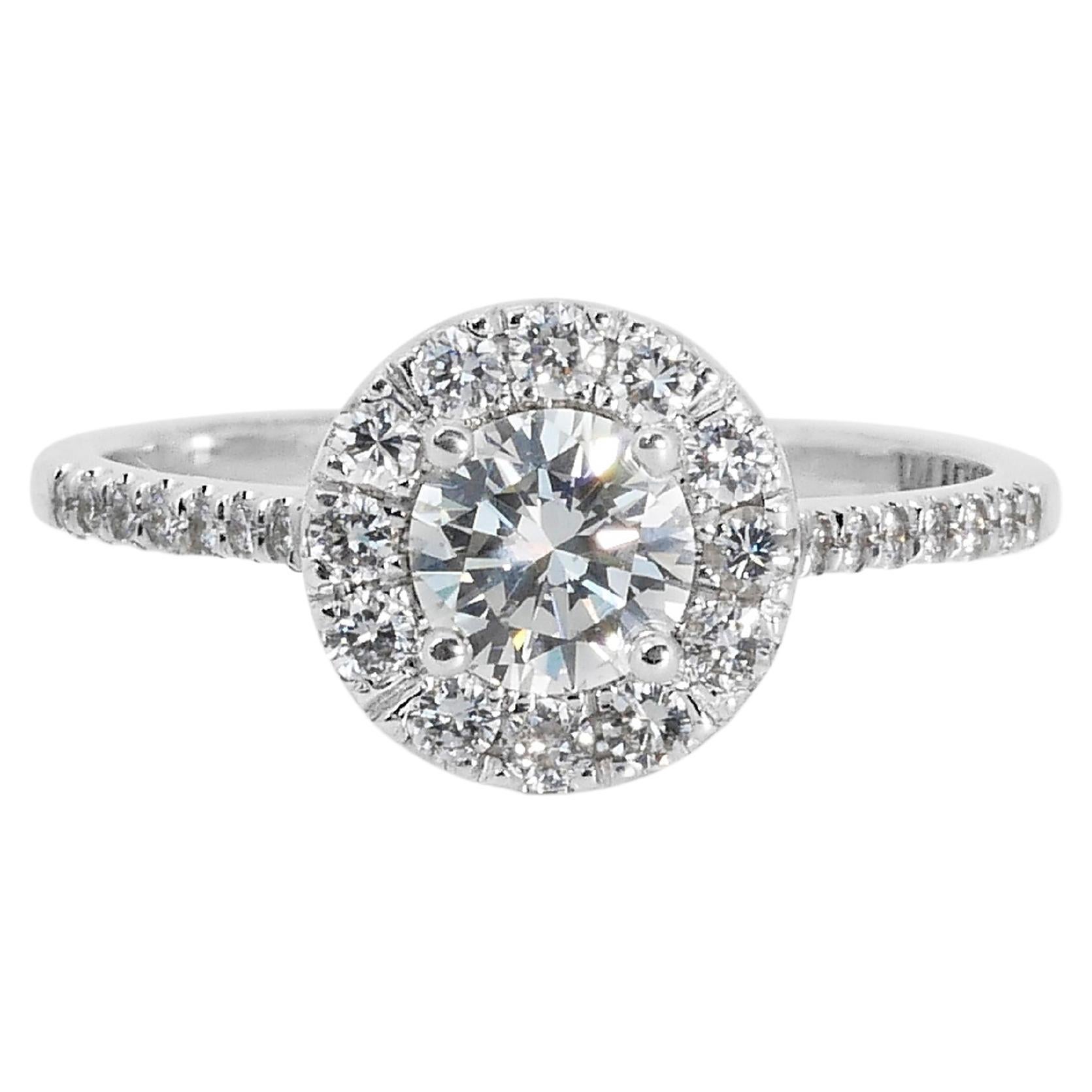Stunning 1.35ct Diamond Halo Ring in 18k White Gold - GIA Certified For Sale