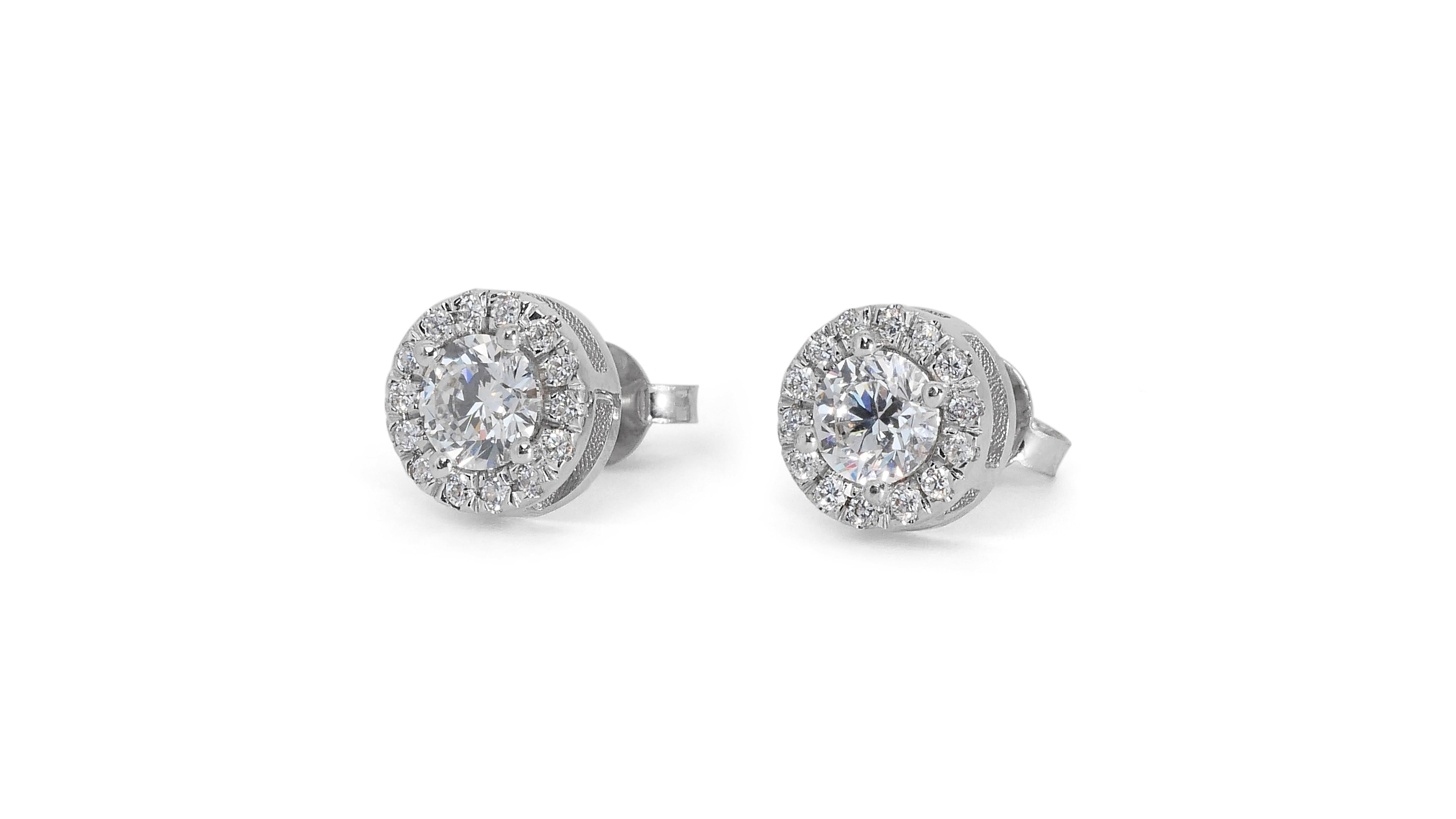 Stunning 1.37ct Triple Excellent Ideal Cut Diamonds Halo Stud Earrings 2