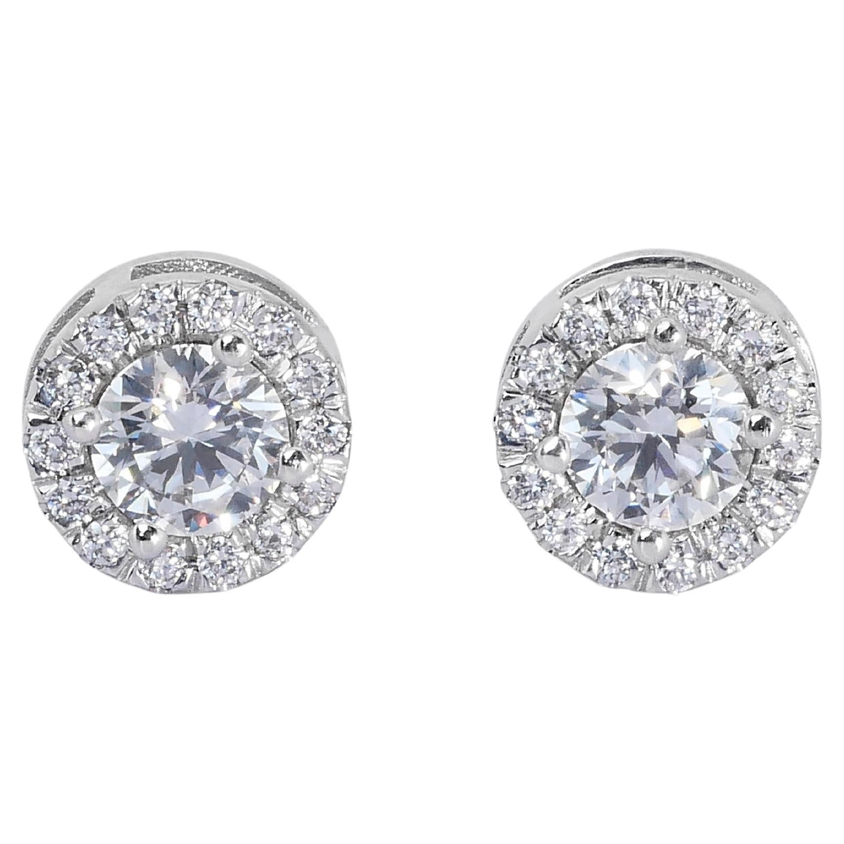 Stunning 1.37ct Triple Excellent Ideal Cut Diamonds Halo Stud Earrings