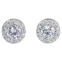 Stunning 1.37ct Triple Excellent Ideal Cut Diamonds Halo Stud Earrings