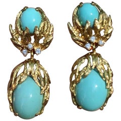 Stunning 14 Karat Gold Turquoise Cabochon Diamond Dangle Earrings