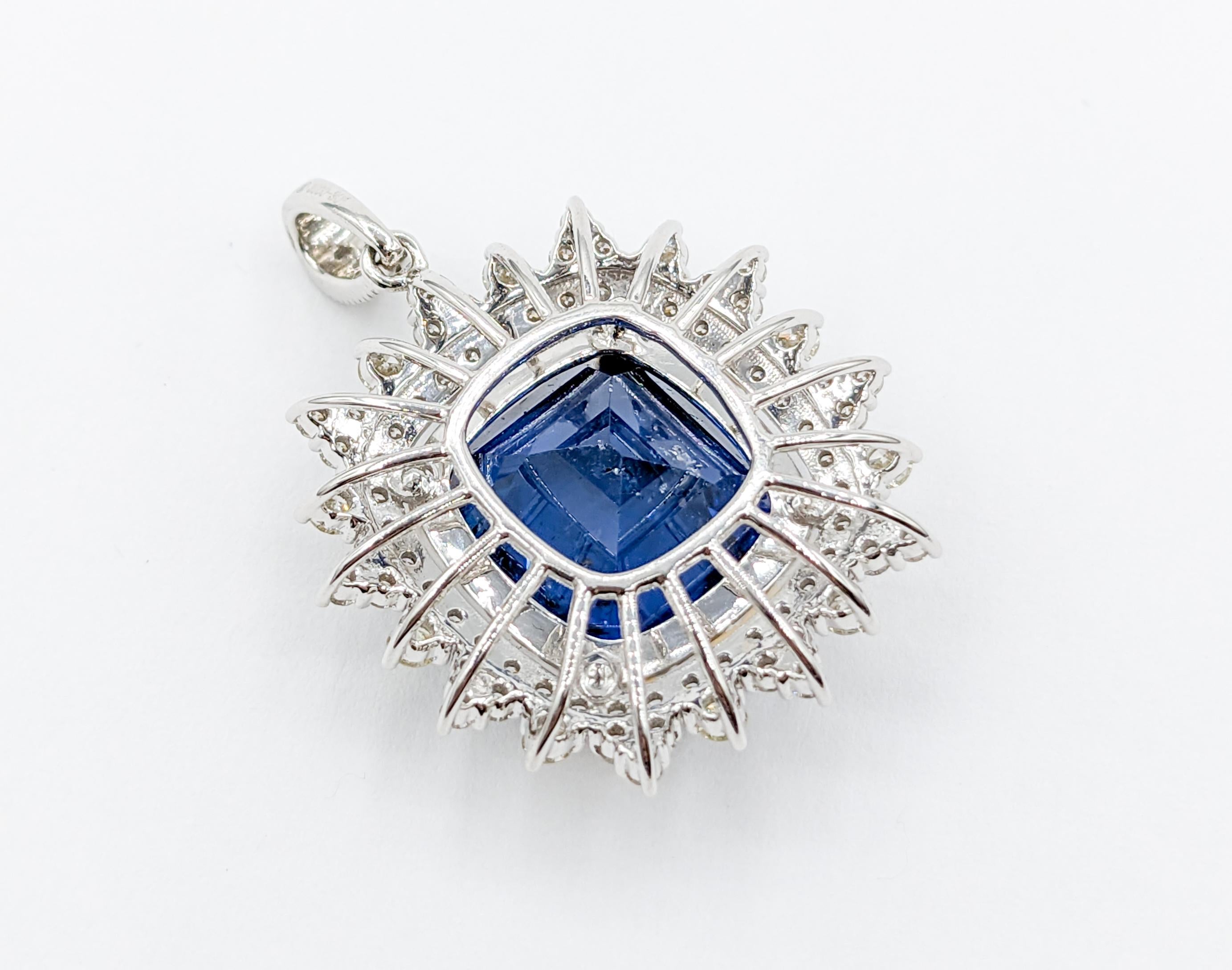 Cushion Cut Stunning 14.2ct Sapphire Pendant with Diamond Halo in 14kt White Gold For Sale
