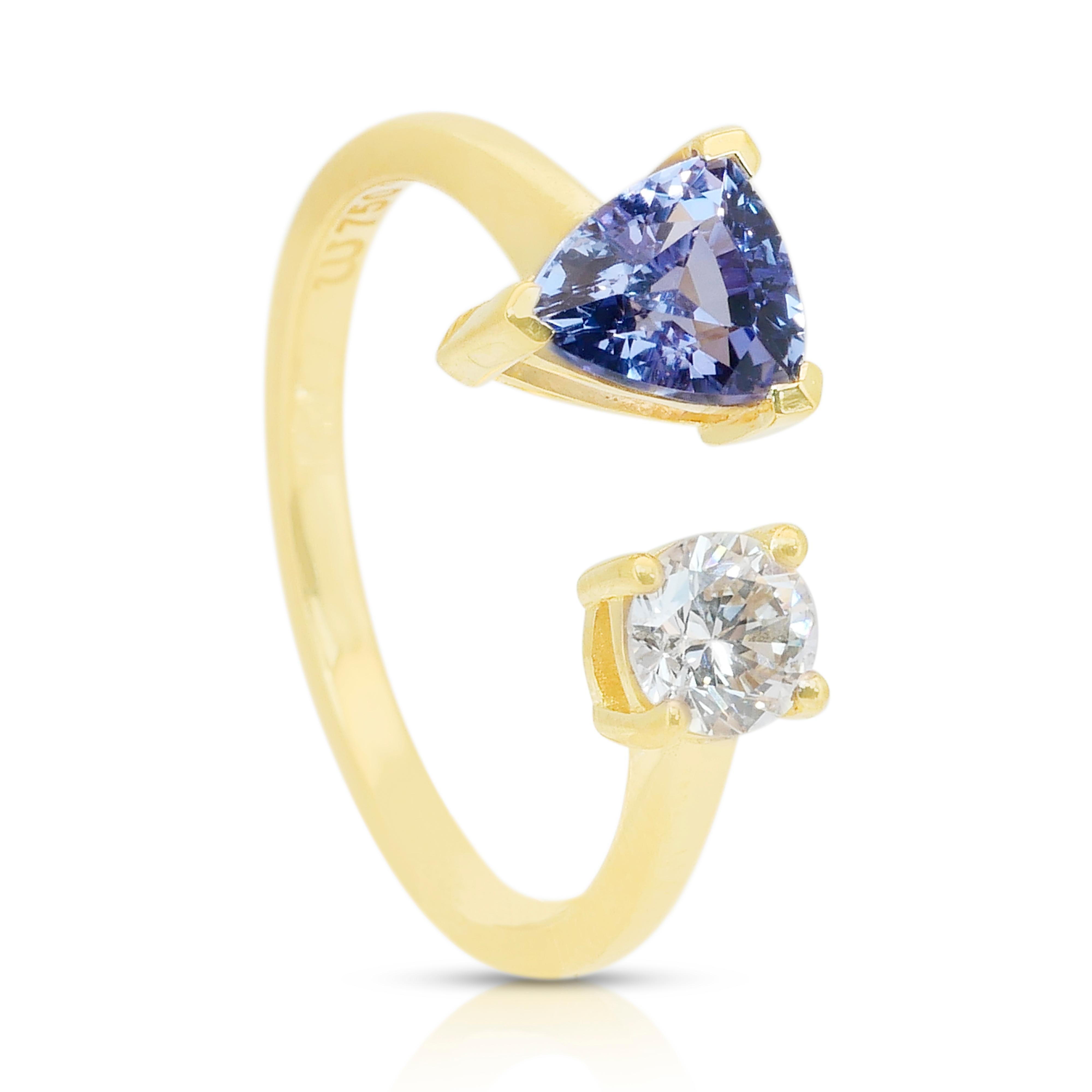 Taille ronde Superbe bague à deux pierres en or jaune 18 carats avec tanzanite et diamant de 1,43 carats en vente