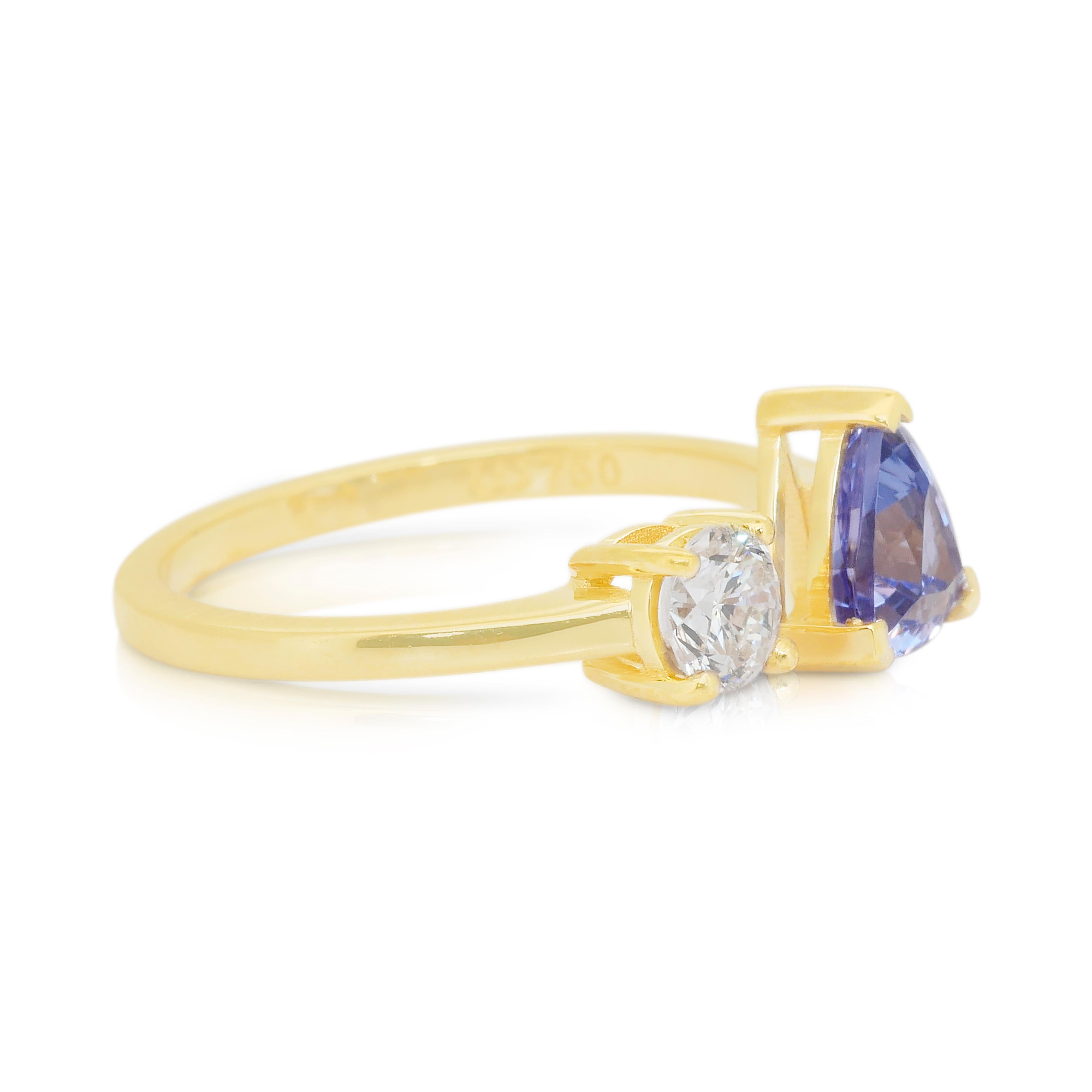 Superbe bague à deux pierres en or jaune 18 carats avec tanzanite et diamant de 1,43 carats Neuf - En vente à רמת גן, IL