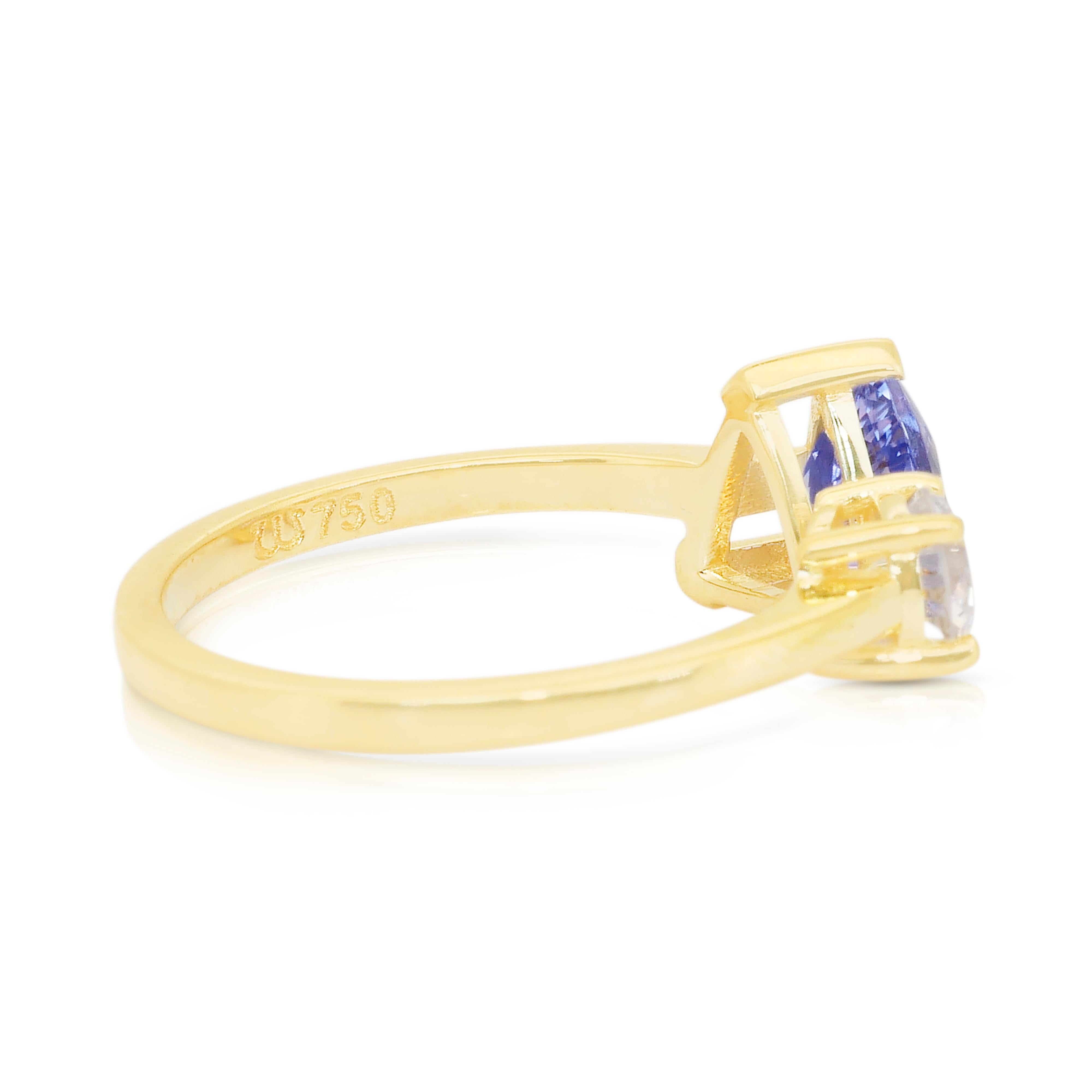 Superbe bague à deux pierres en or jaune 18 carats avec tanzanite et diamant de 1,43 carats en vente 2