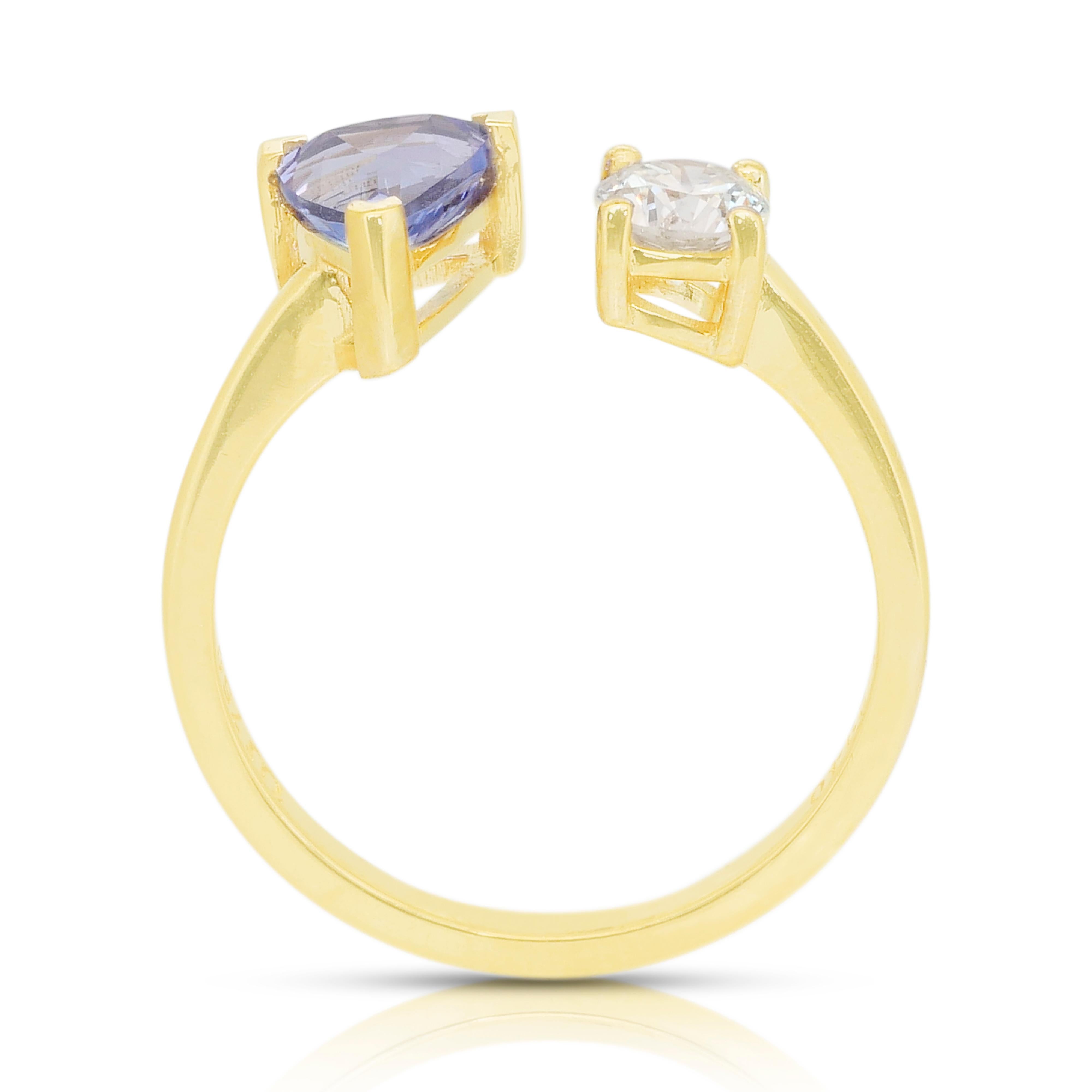 Superbe bague à deux pierres en or jaune 18 carats avec tanzanite et diamant de 1,43 carats en vente 4