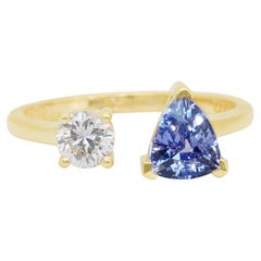 Superbe bague à deux pierres en or jaune 18 carats avec tanzanite et diamant de 1,43 carats