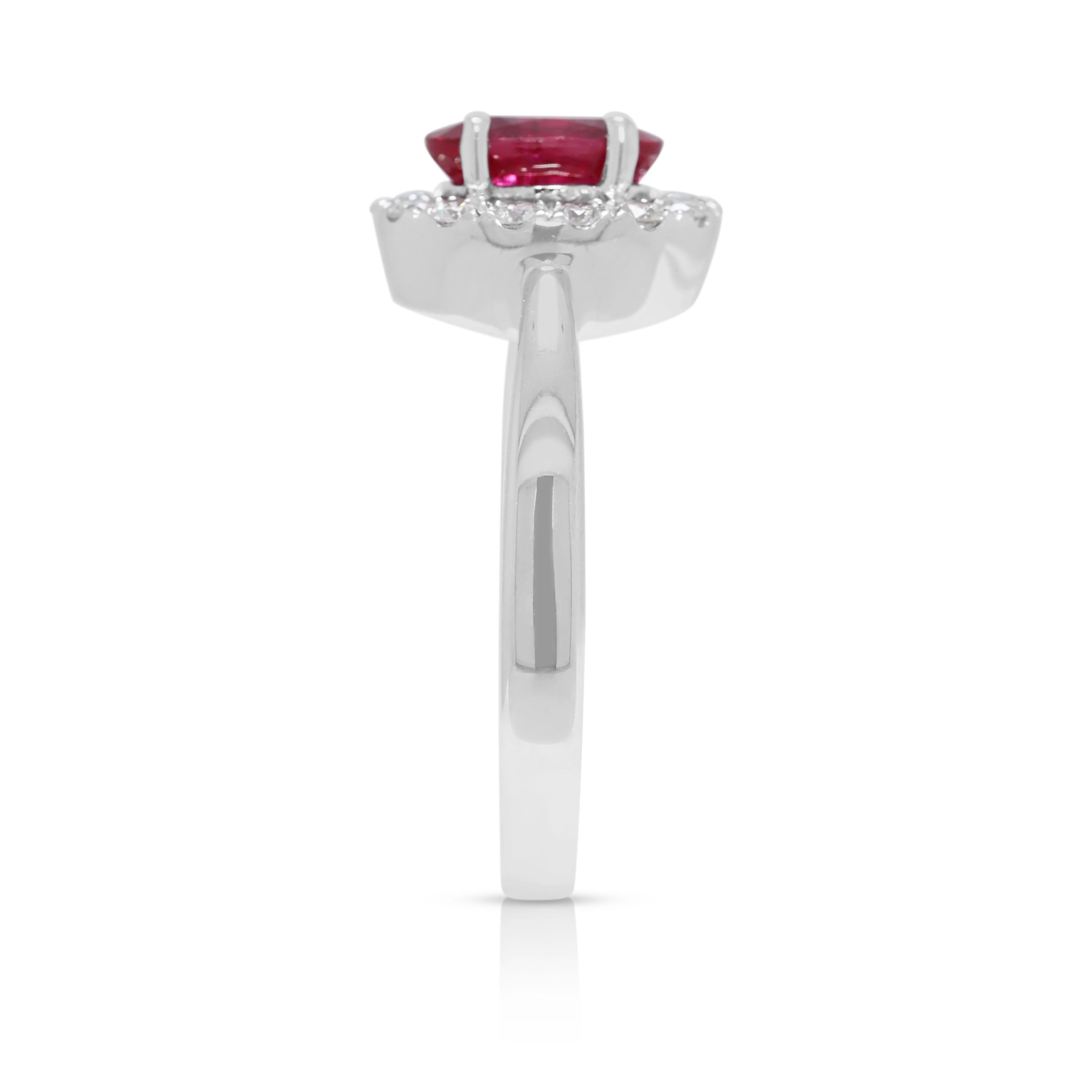 Women's Stunning 1.44ct Ruby & Natural Diamond Halo Ring in 18K White Gold For Sale