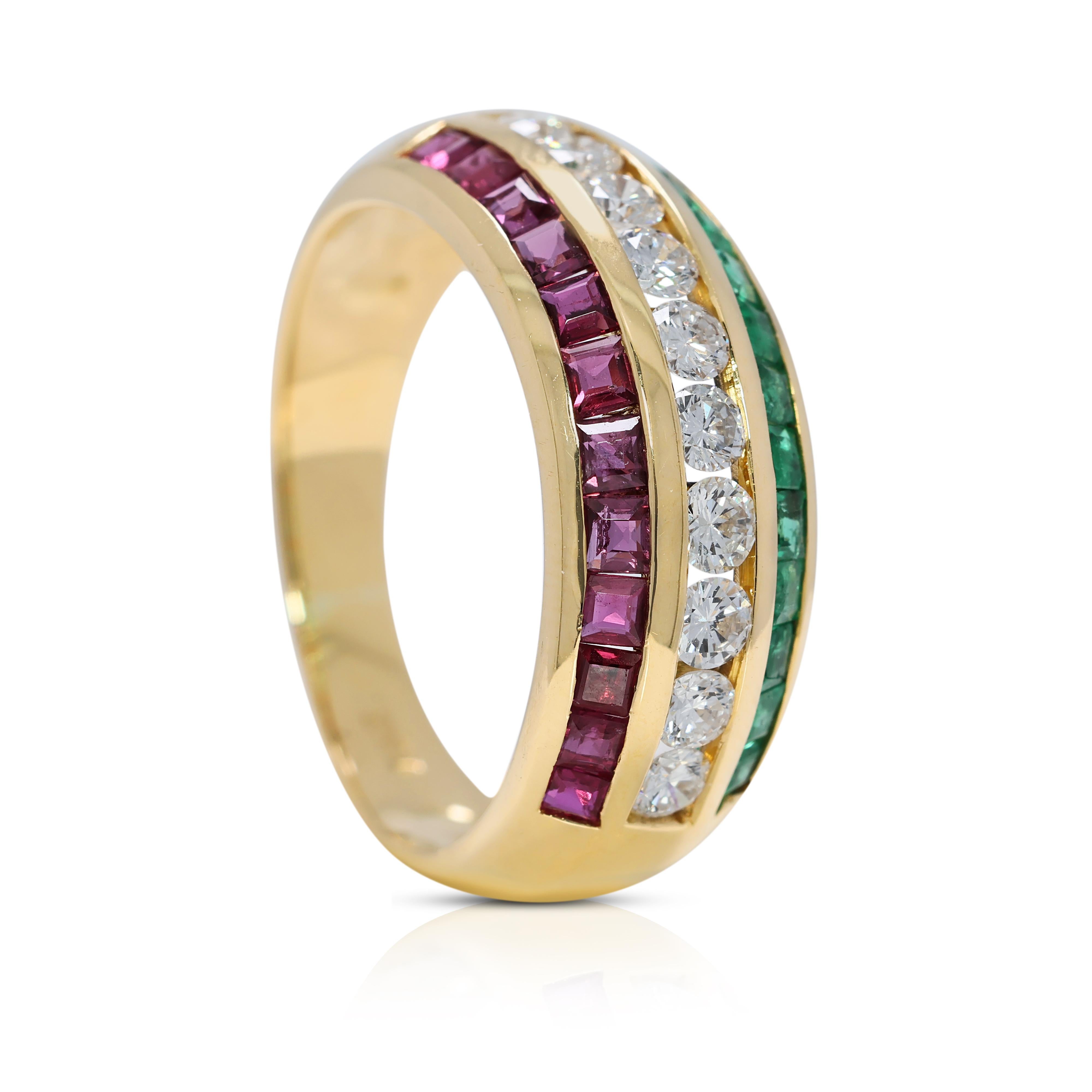De las mujeres Impresionante anillo de oro amarillo de 18 quilates con rubí, esmeralda y diamantes naturales de 1,45 quilates en venta