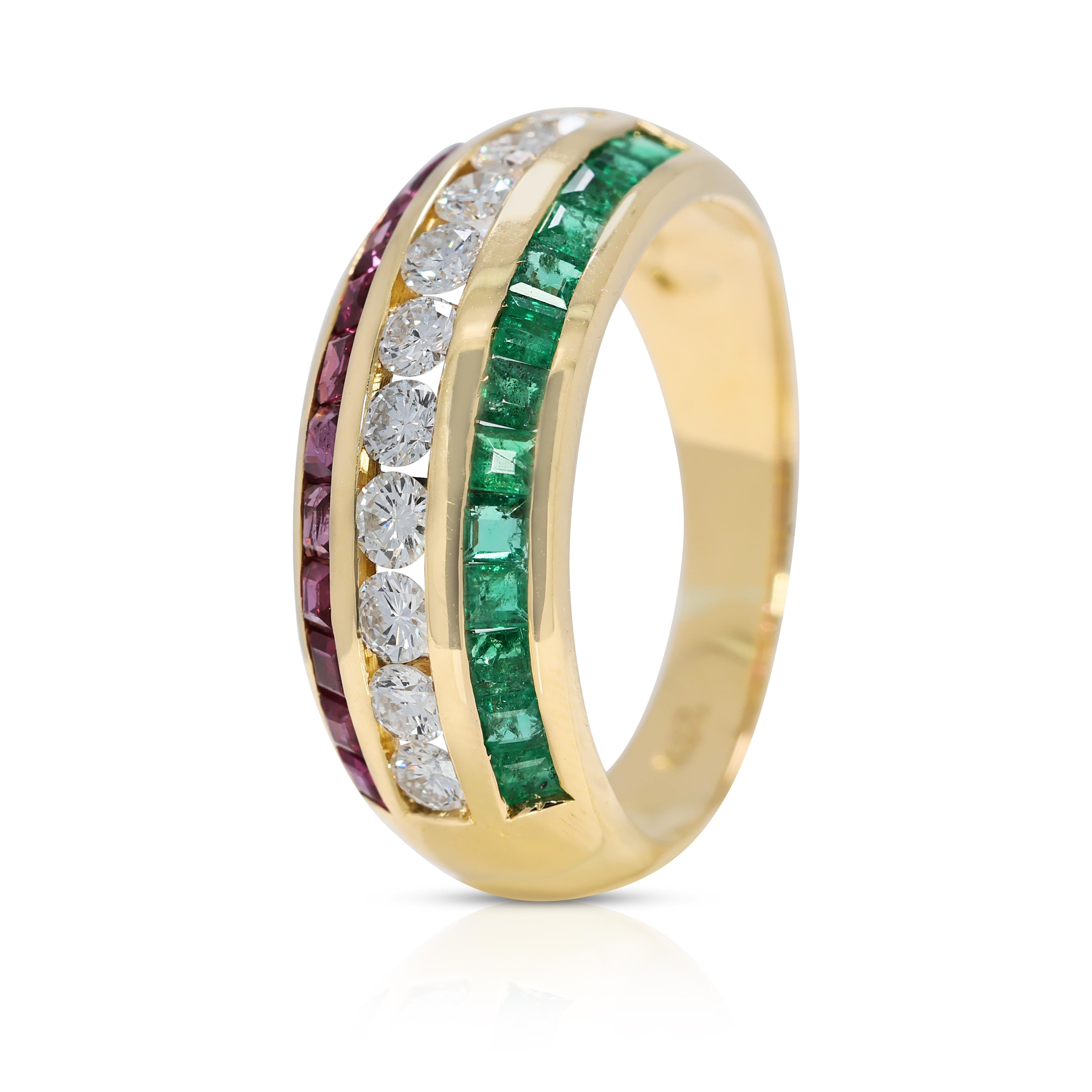 Impresionante anillo de oro amarillo de 18 quilates con rubí, esmeralda y diamantes naturales de 1,45 quilates en venta 1