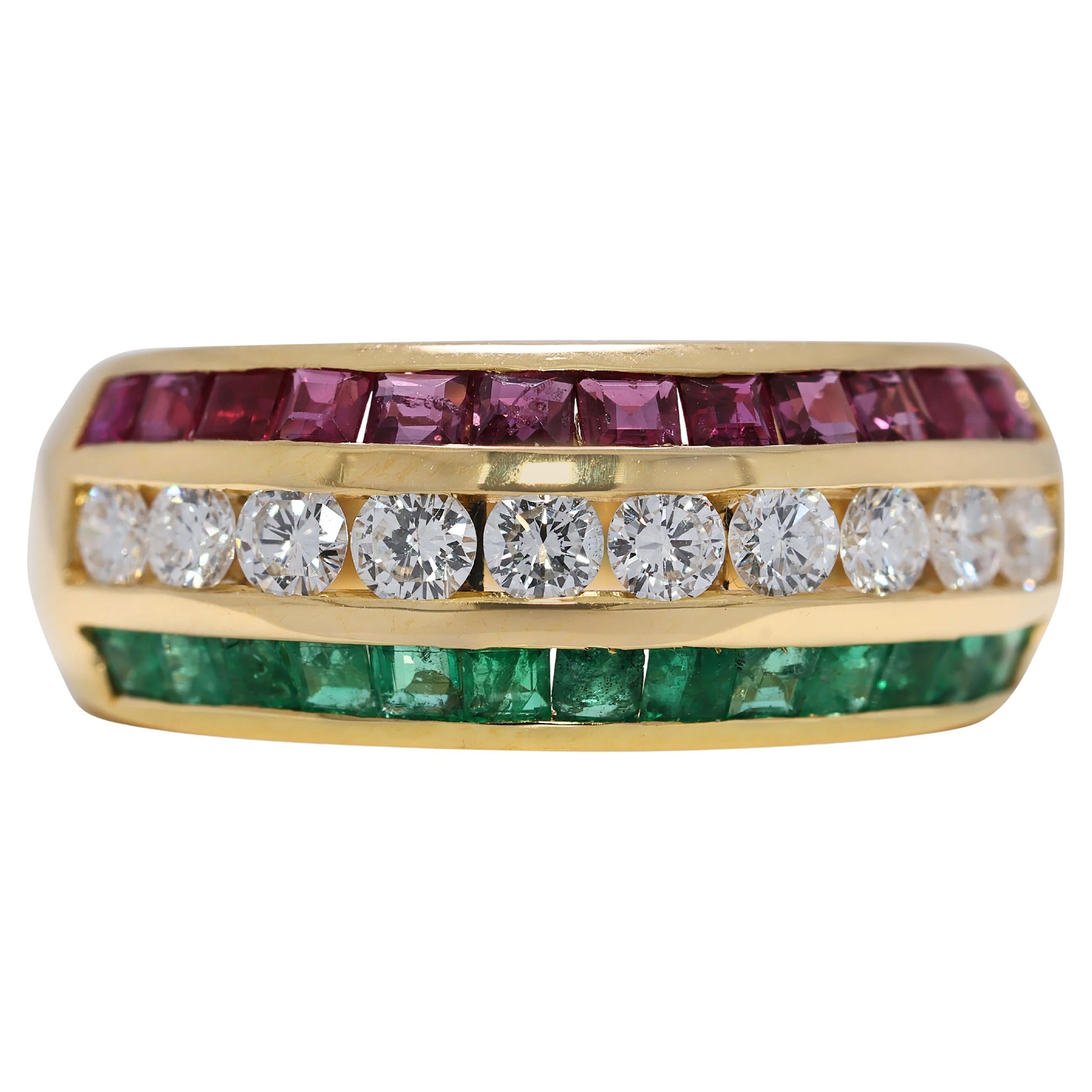 Stunning 1.45ct Ruby, Emerald, and Natural Diamonds Ring in 18K Yellow Gold