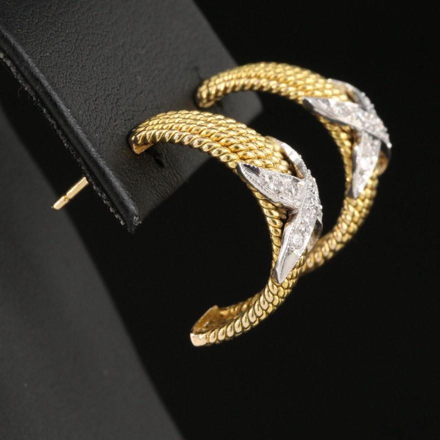 Stunning 14K Gold & Diamond X Cable Half Hoop Earrings In Good Condition For Sale In Leesburg, VA