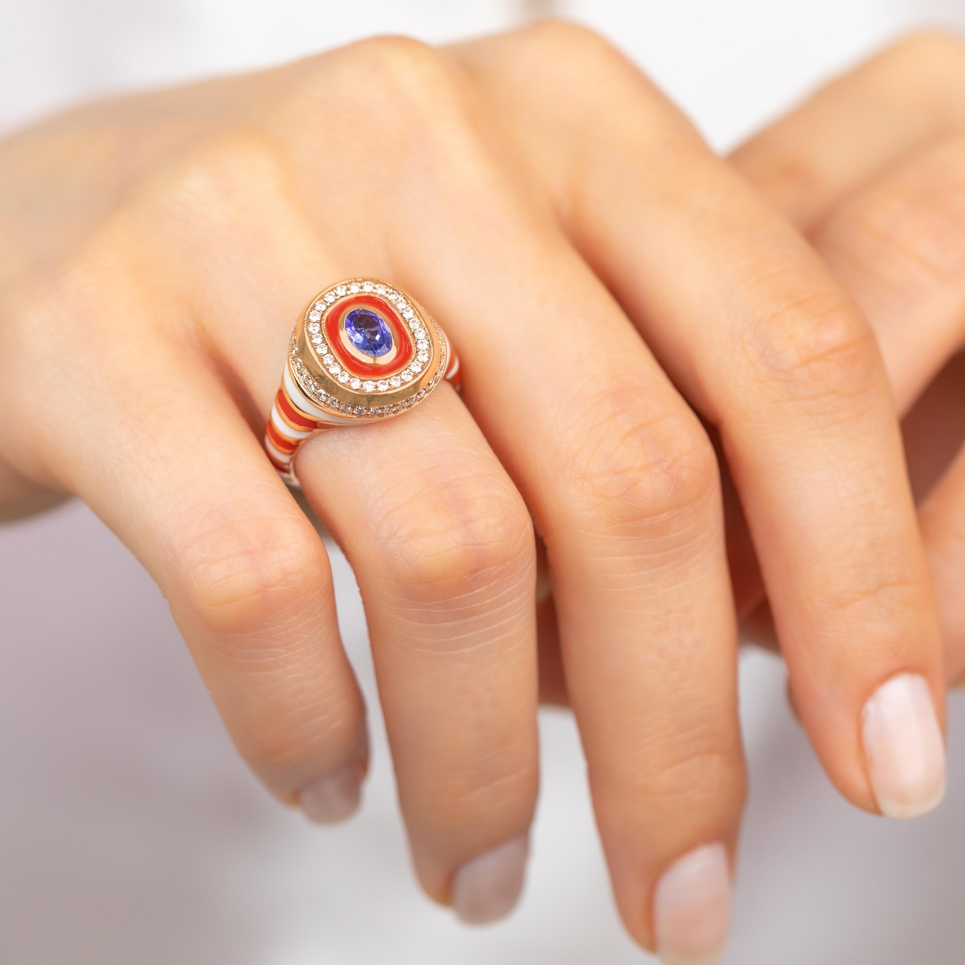 Stunning 14K Gold Enamel Ring: Vibrant Handmade Jewelry with a Unique Twist For Sale 5