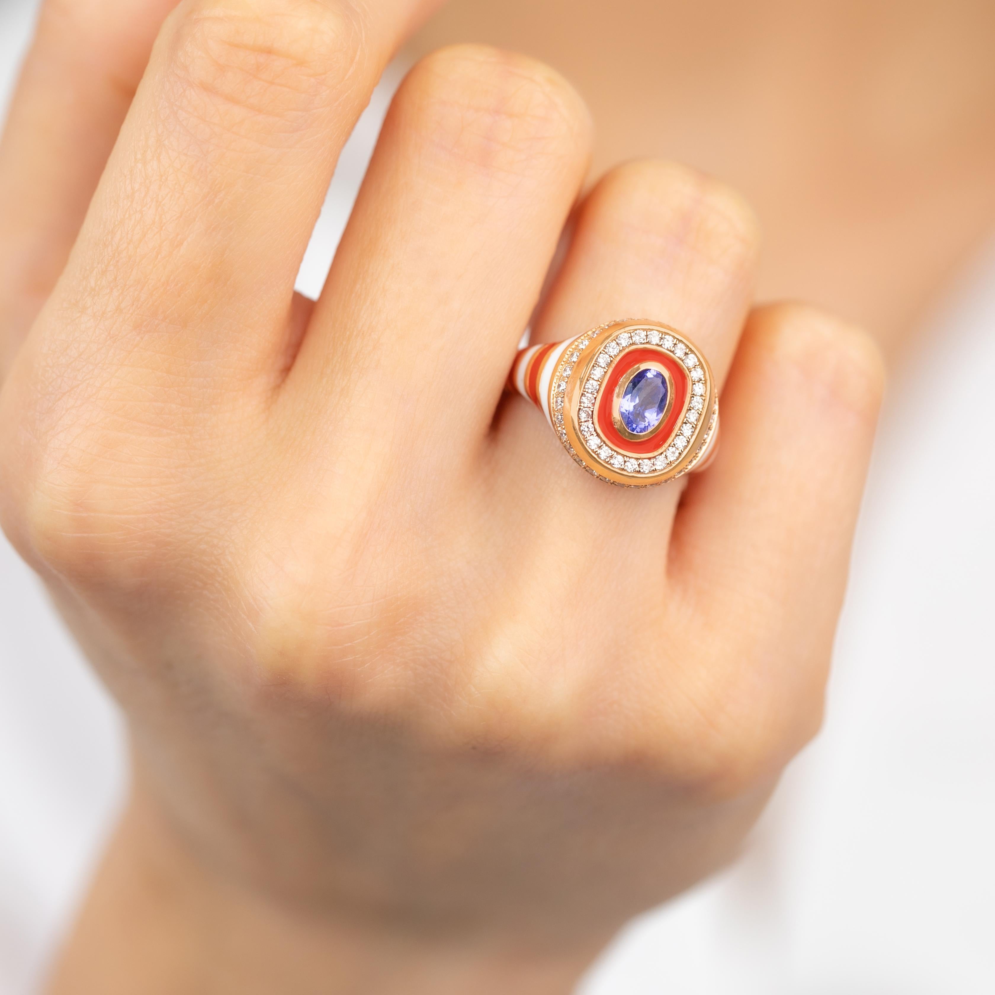 Stunning 14K Gold Enamel Ring: Vibrant Handmade Jewelry with a Unique Twist For Sale 6