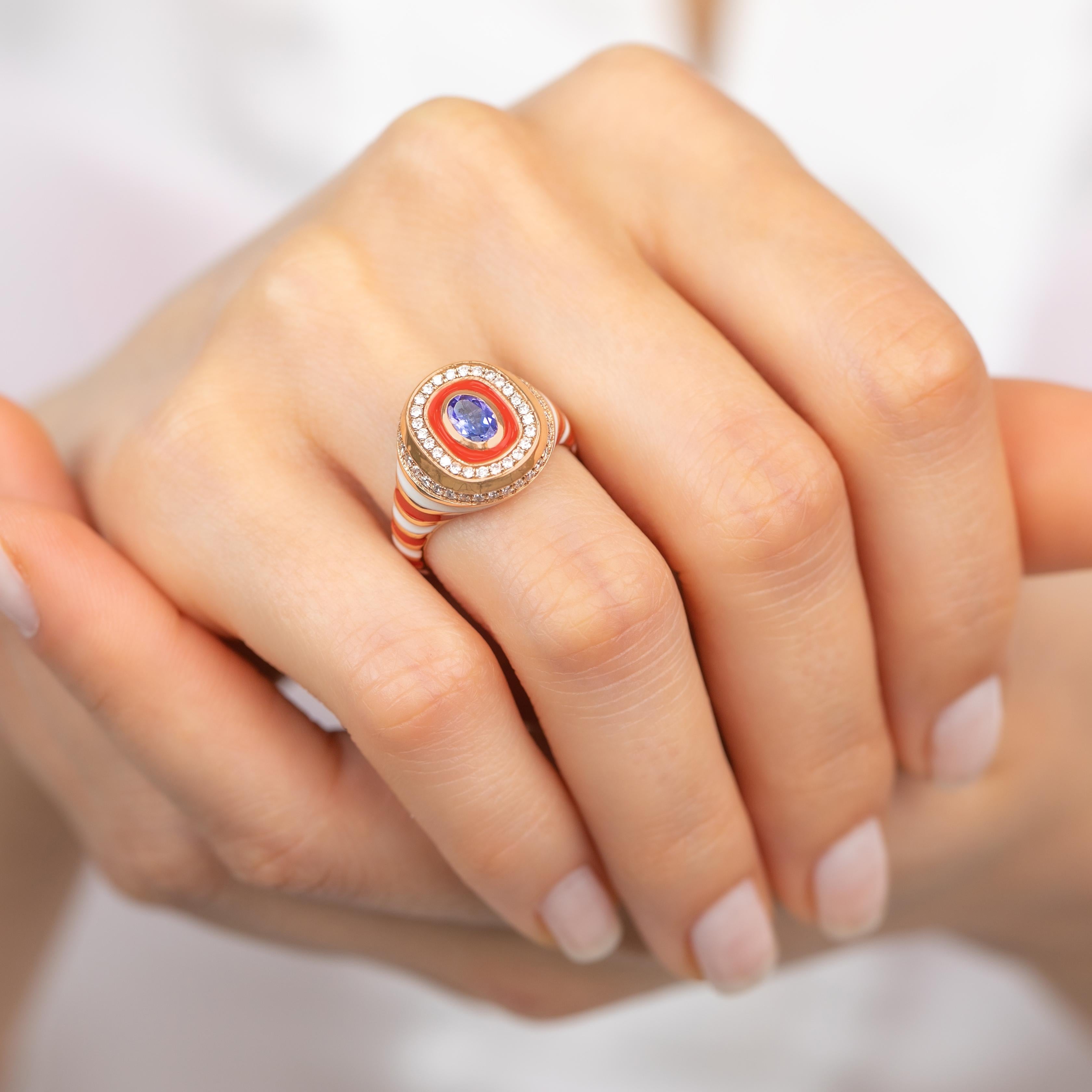 Stunning 14K Gold Enamel Ring: Vibrant Handmade Jewelry with a Unique Twist For Sale 7