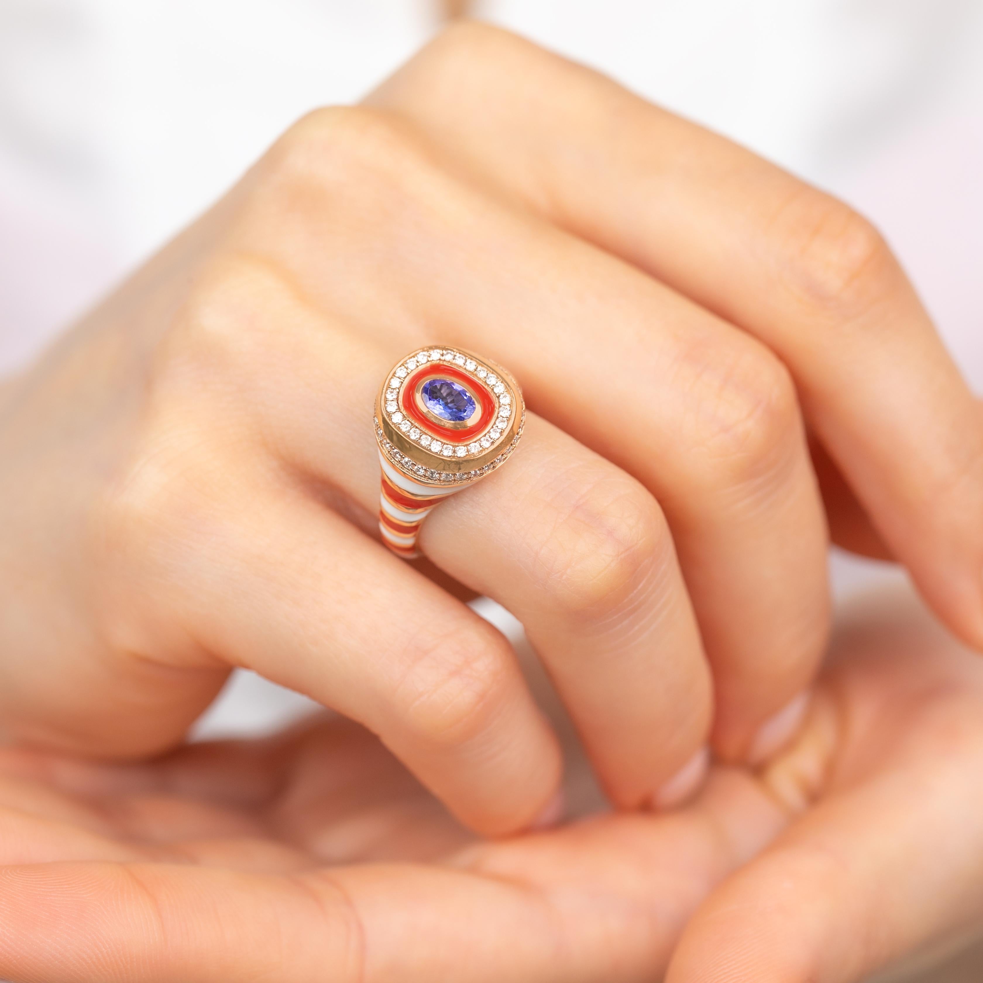 Stunning 14K Gold Enamel Ring: Vibrant Handmade Jewelry with a Unique Twist For Sale 8