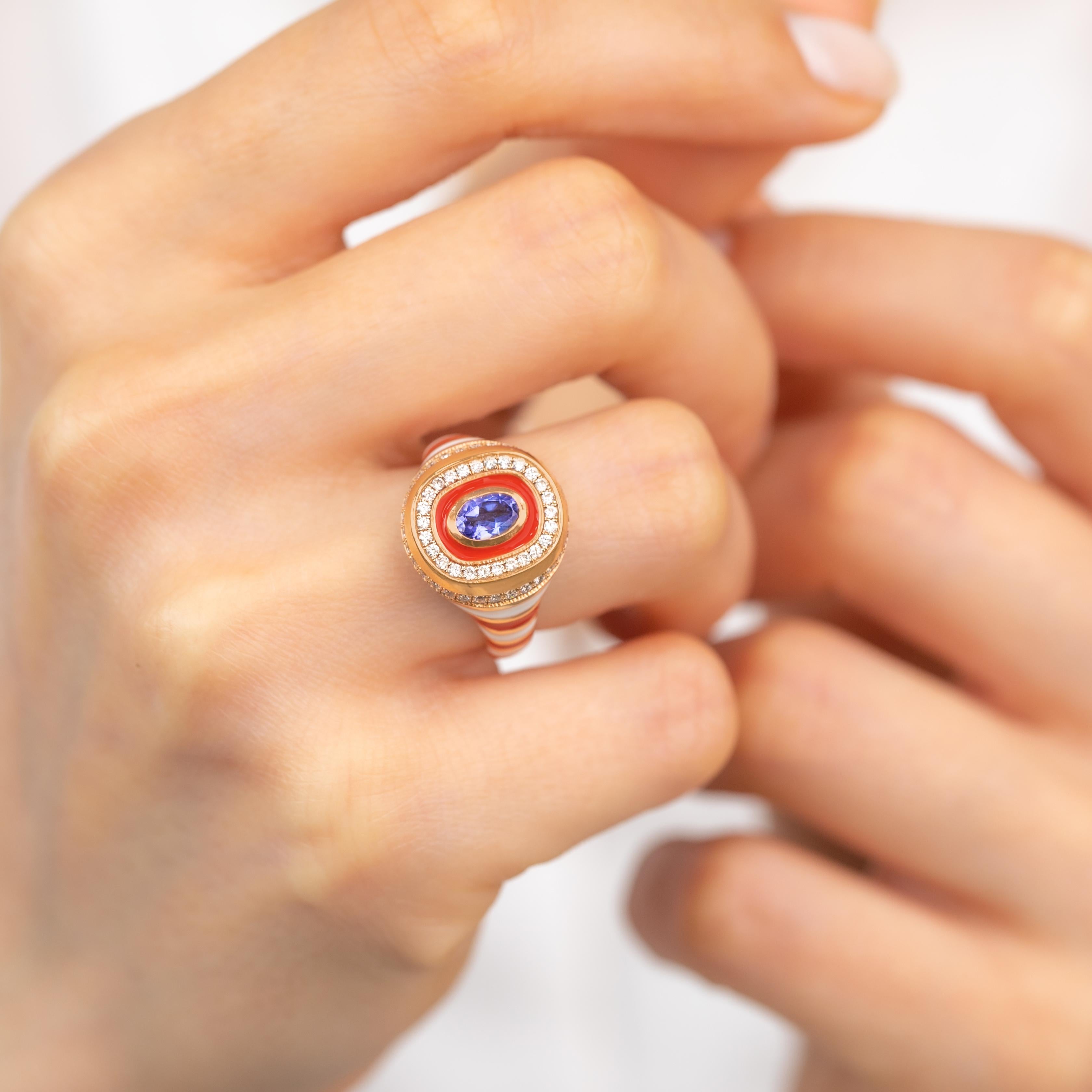 Stunning 14K Gold Enamel Ring: Vibrant Handmade Jewelry with a Unique Twist For Sale 9