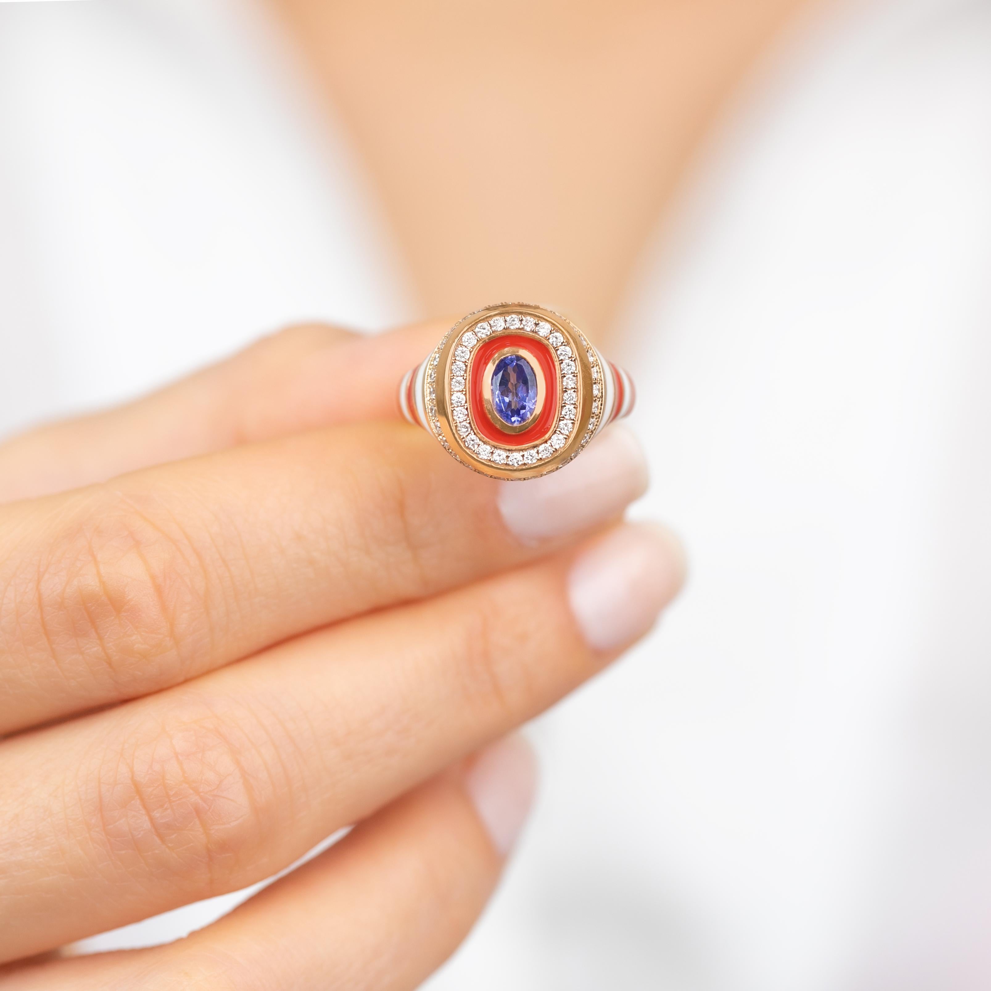 Stunning 14K Gold Enamel Ring: Vibrant Handmade Jewelry with a Unique Twist In New Condition For Sale In ISTANBUL, TR