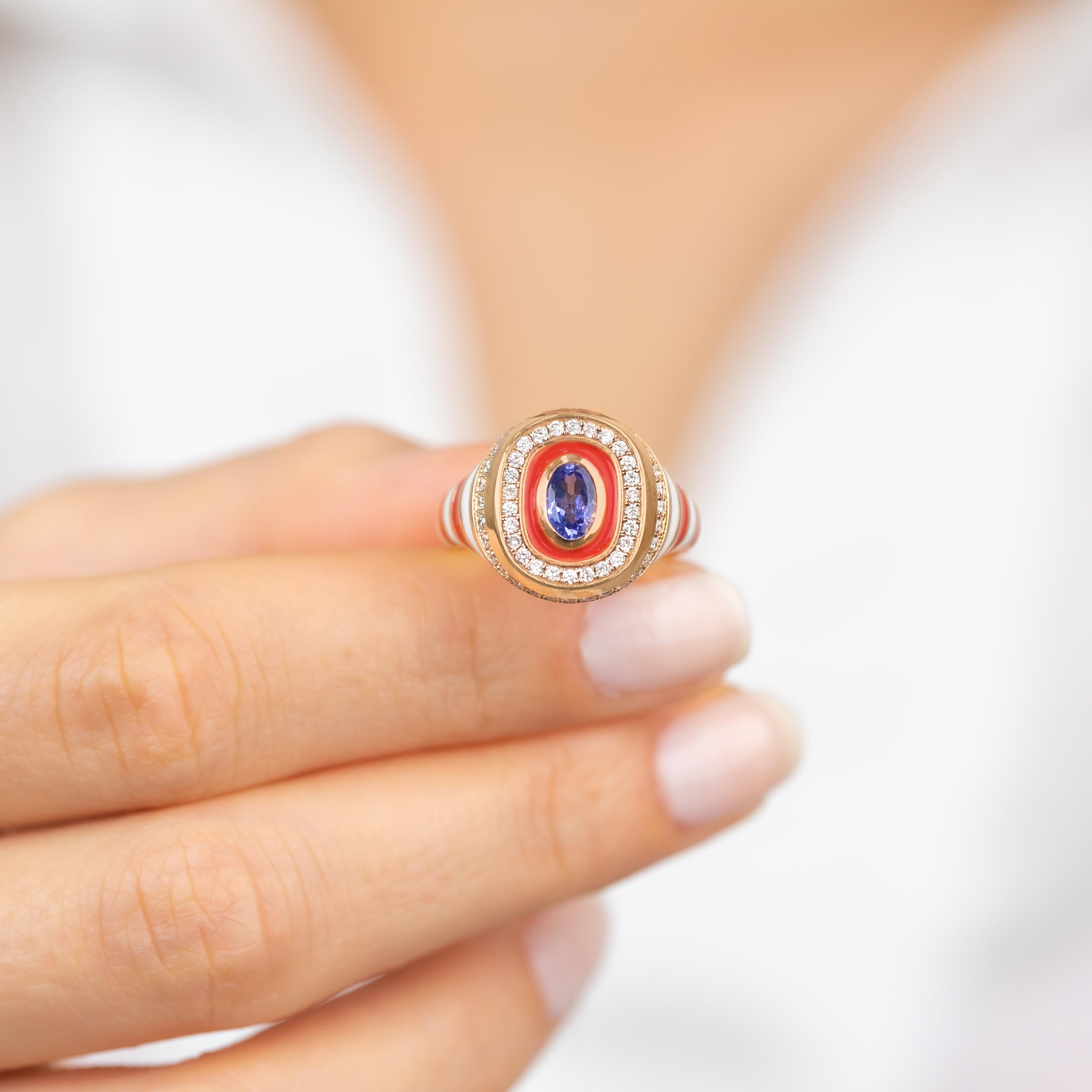 Stunning 14K Gold Enamel Ring: Vibrant Handmade Jewelry with a Unique Twist For Sale 1