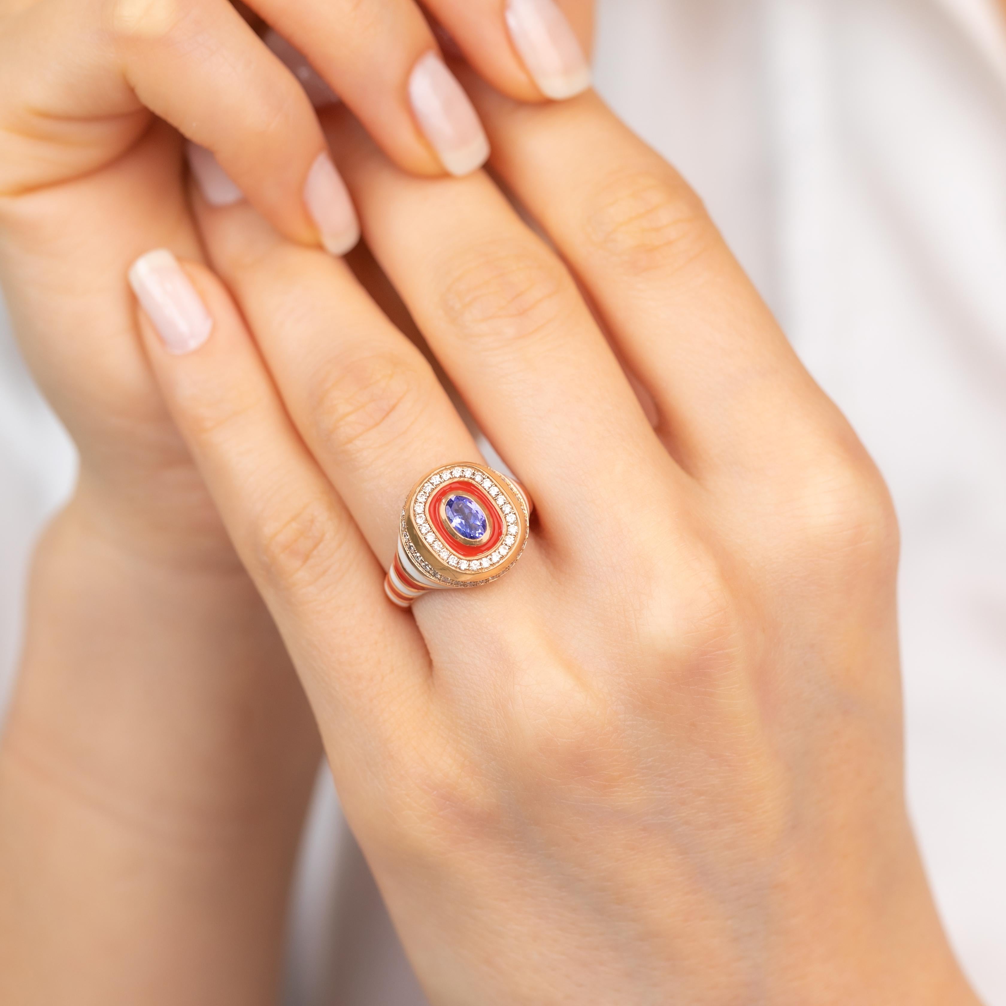Stunning 14K Gold Enamel Ring: Vibrant Handmade Jewelry with a Unique Twist For Sale 4