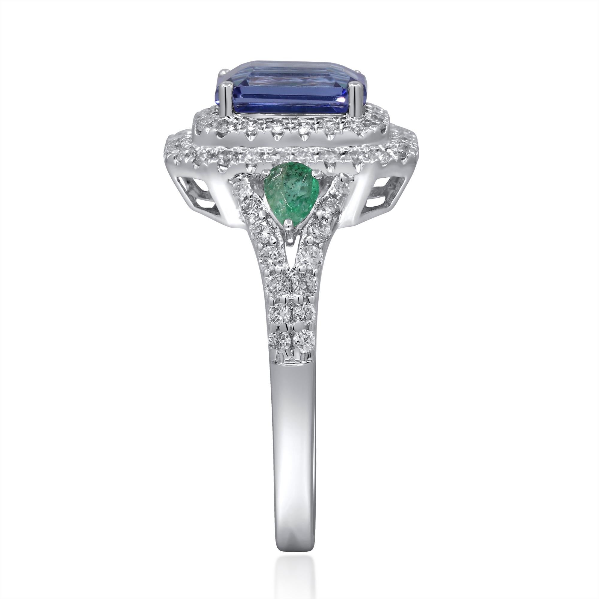 Art Deco Stunning 14K White Gold 1.7ct Emerald Cut Tanzanite and Diamond Ring For Sale