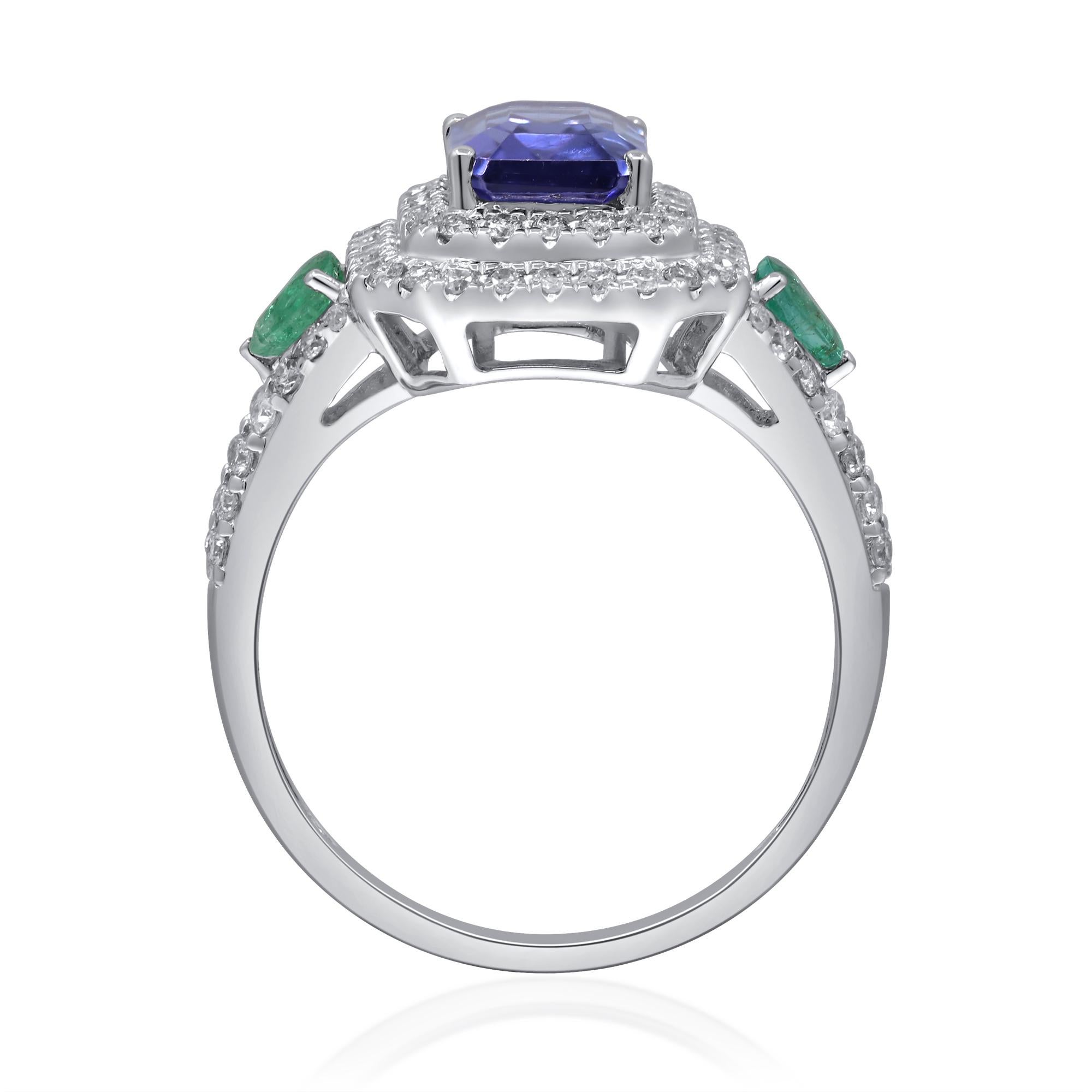 Stunning 14K White Gold 1.7ct Emerald Cut Tanzanite and Diamond Ring In New Condition For Sale In New York, NY
