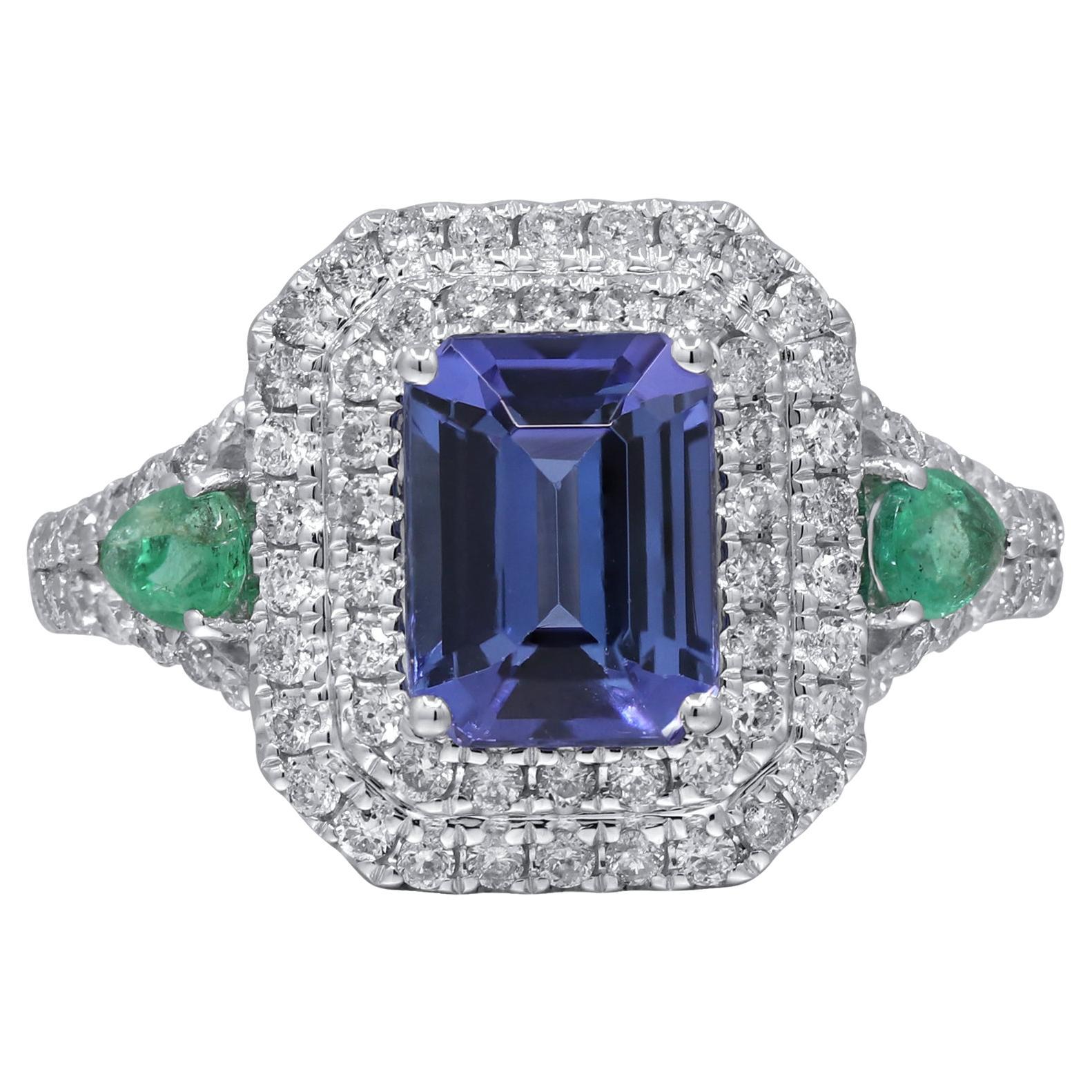 Stunning 14K White Gold 1.7ct Emerald Cut Tanzanite and Diamond Ring For Sale