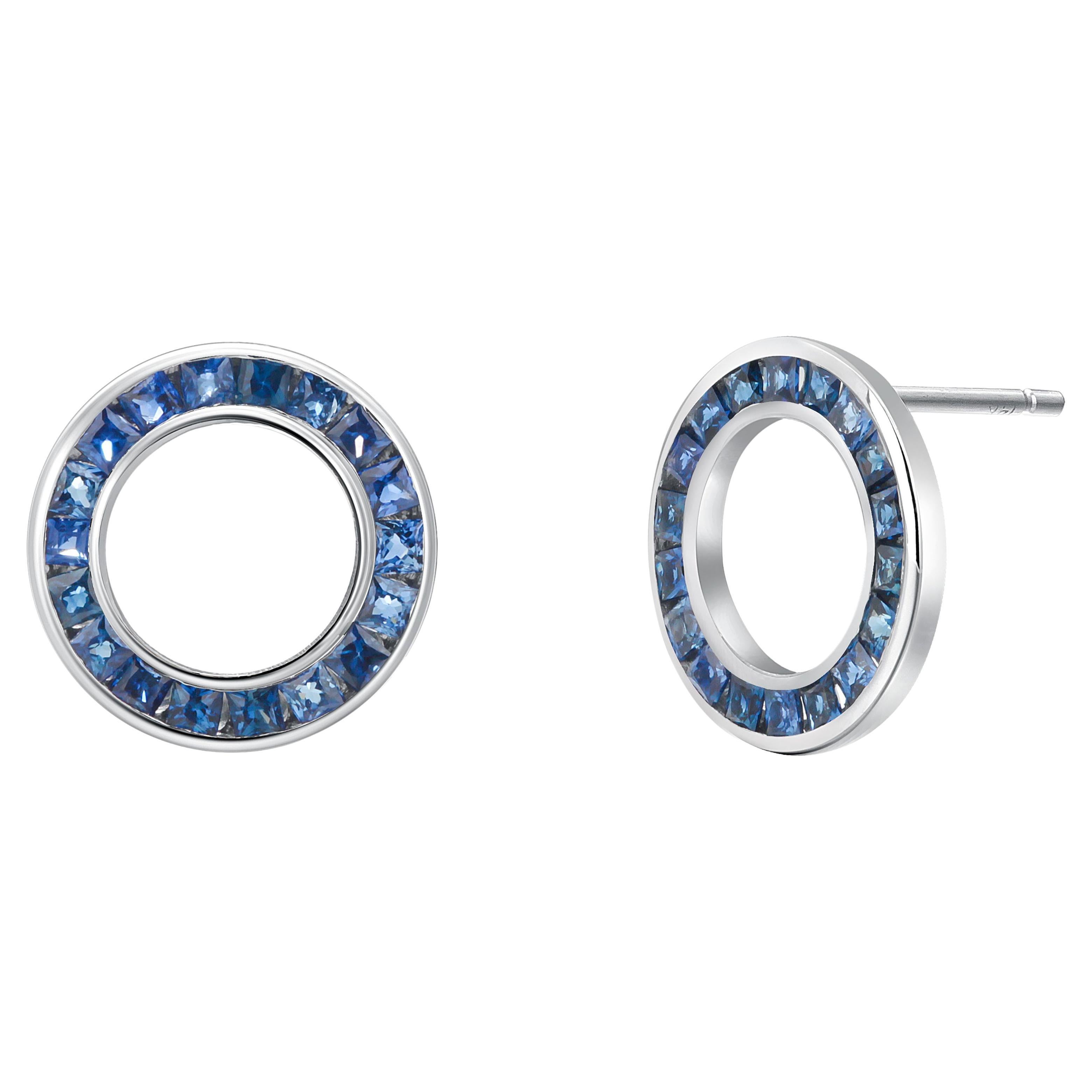 Stunning 14K White Gold Circle Earrings 36 Princess-Cut Sapphires 1.65 Carats