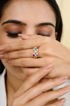 Stunning 14k White Gold Multi Color Sapphire Diamond Women Wedding Ring