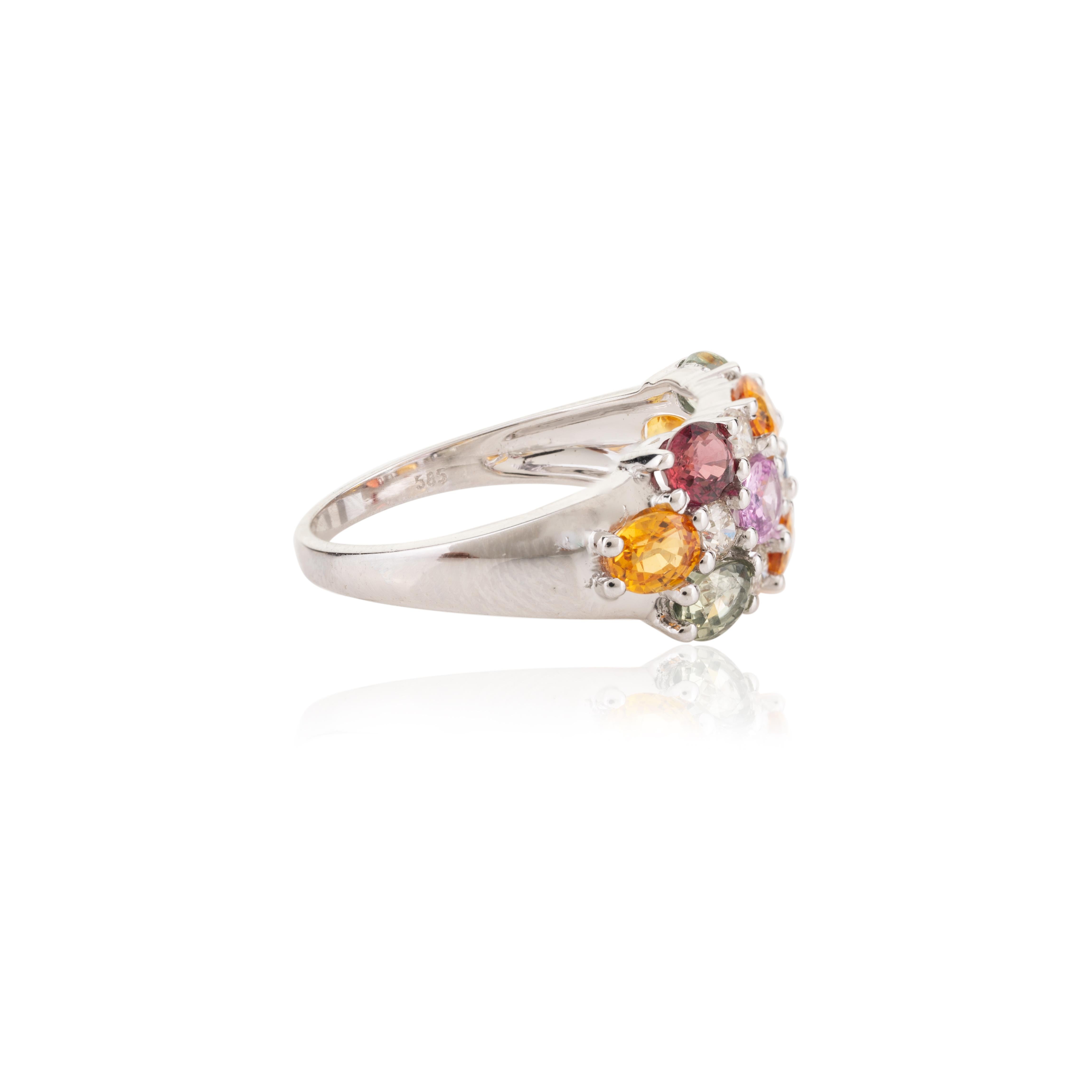 En vente :  Superbe bague de mariage pour femmes en or blanc 14 carats avec saphirs multicolores et diamants 3