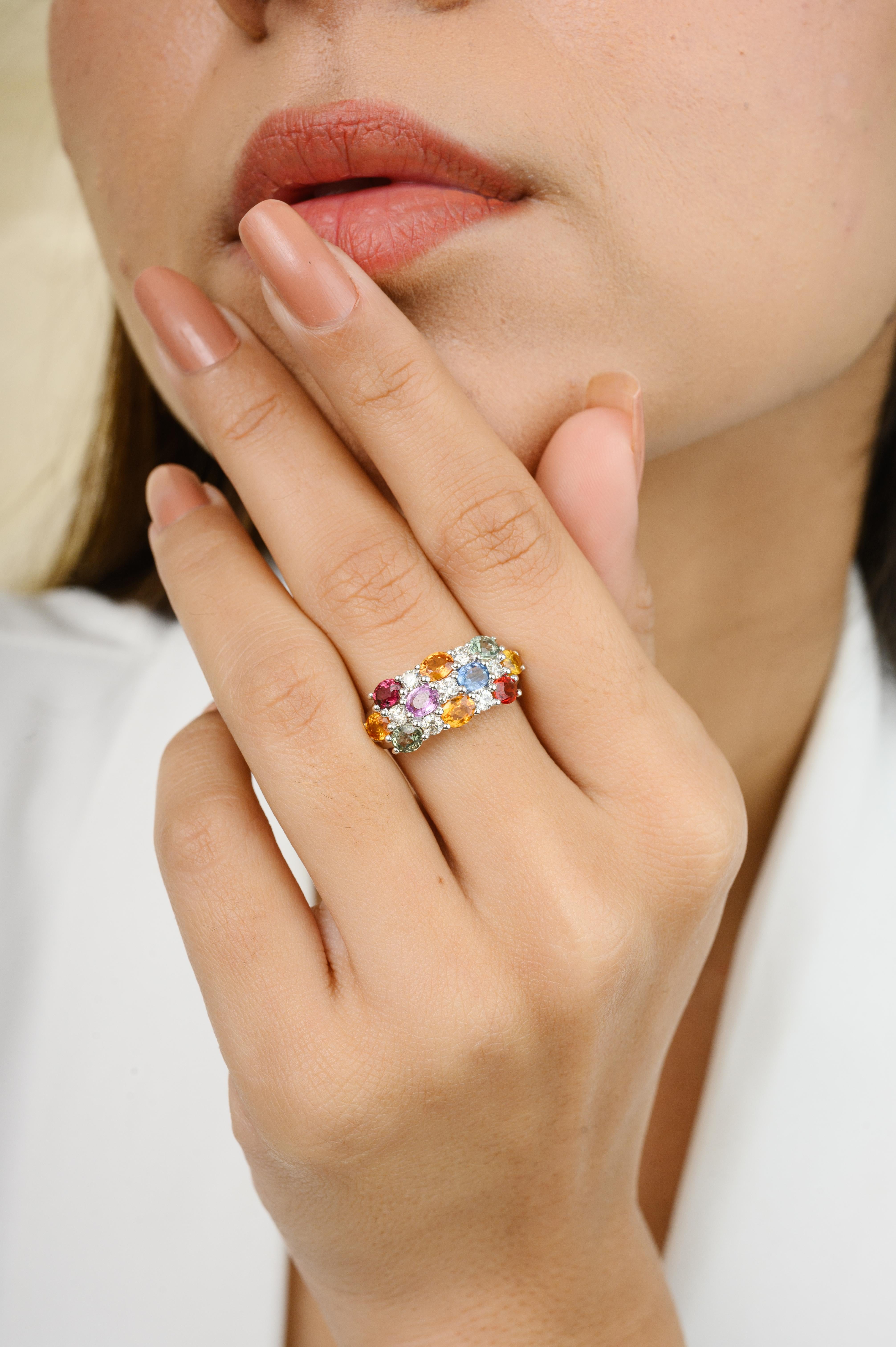En vente :  Superbe bague de mariage pour femmes en or blanc 14 carats avec saphirs multicolores et diamants 4