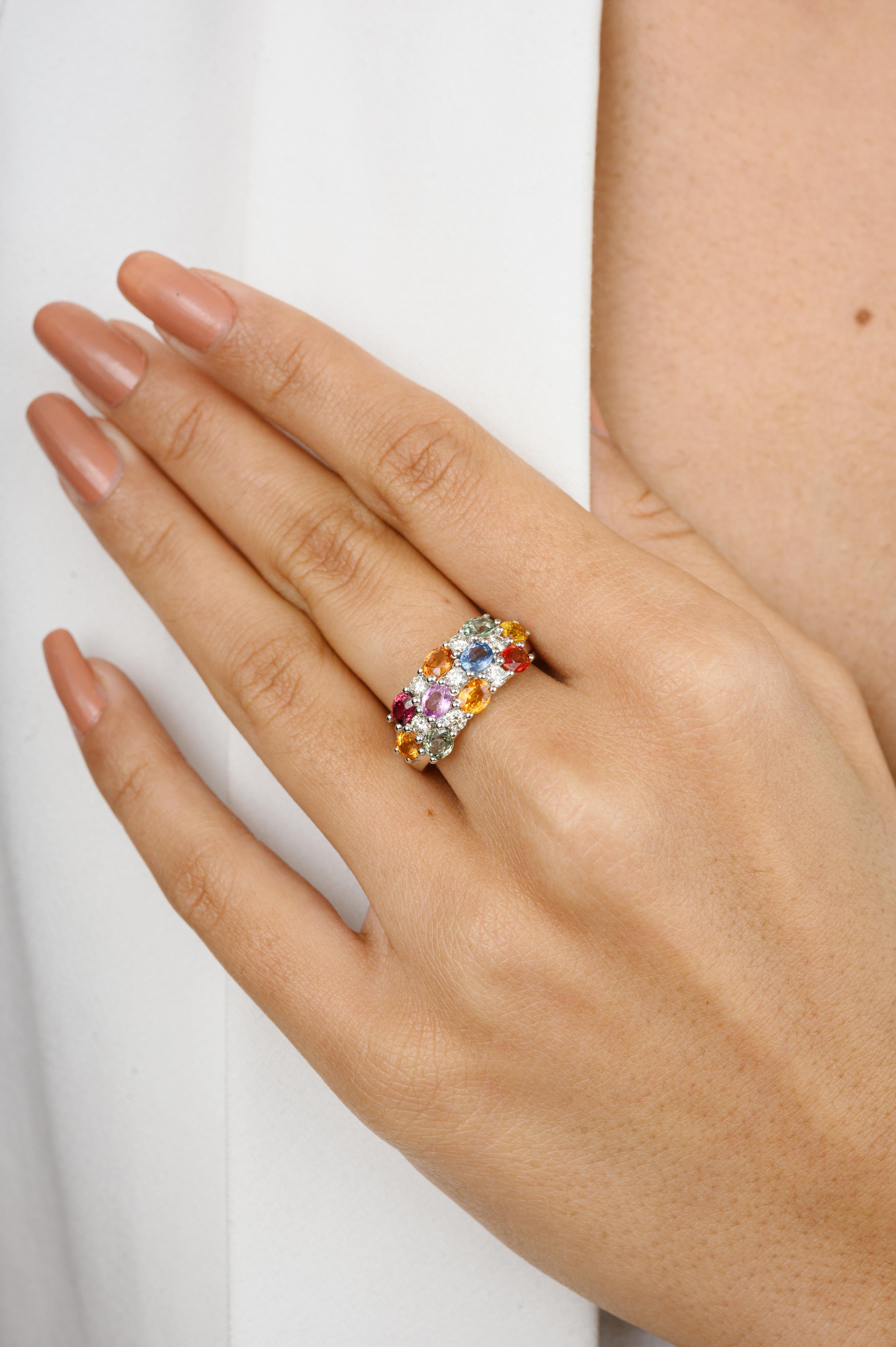 En vente :  Superbe bague de mariage pour femmes en or blanc 14 carats avec saphirs multicolores et diamants 6