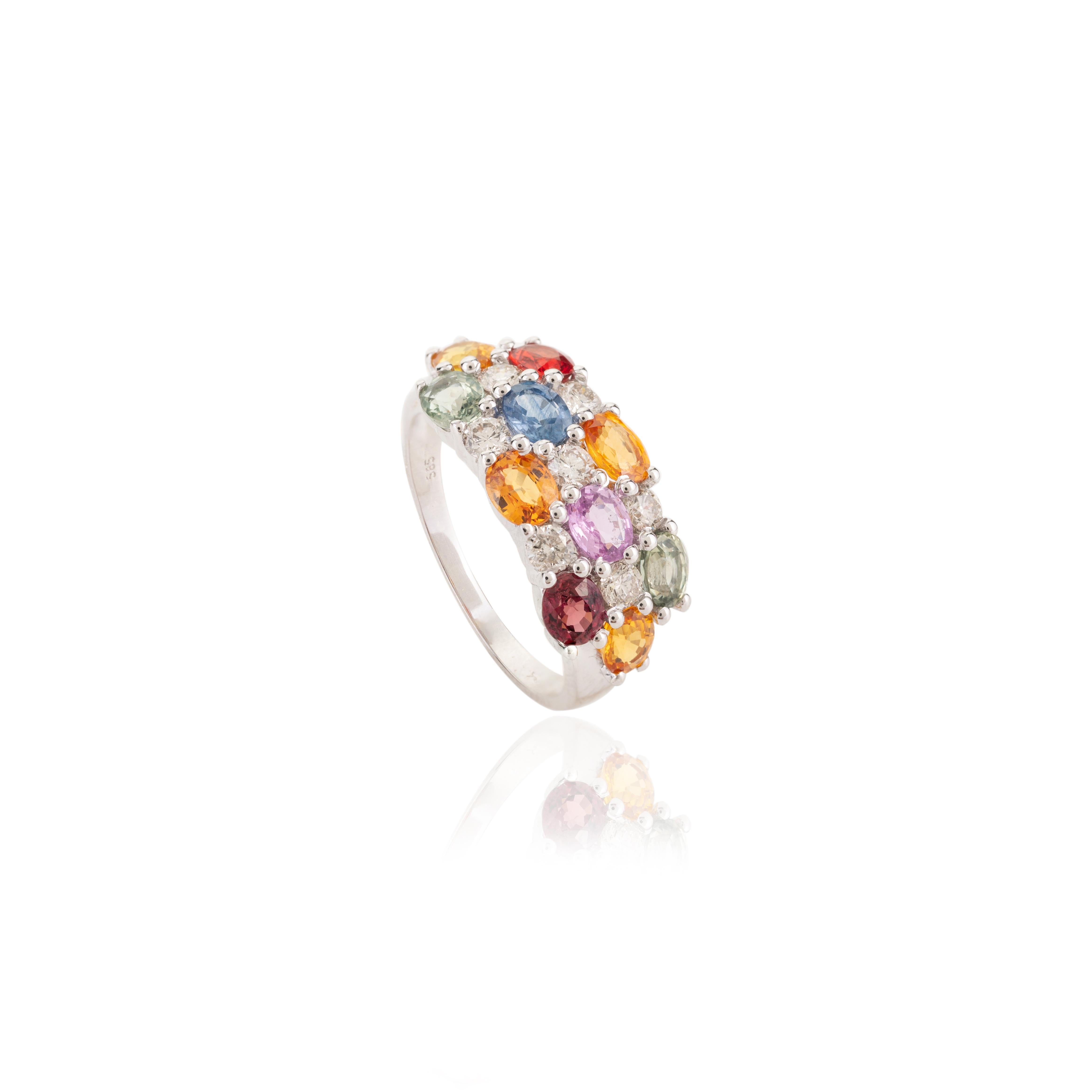 For Sale:  Stunning 14k White Gold Multi Color Sapphire Diamond Women Wedding Ring 8