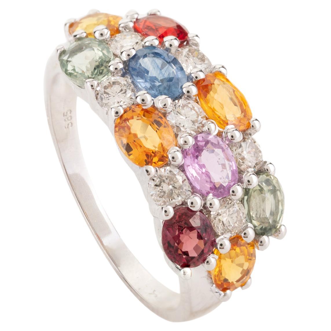 En vente :  Superbe bague de mariage pour femmes en or blanc 14 carats avec saphirs multicolores et diamants