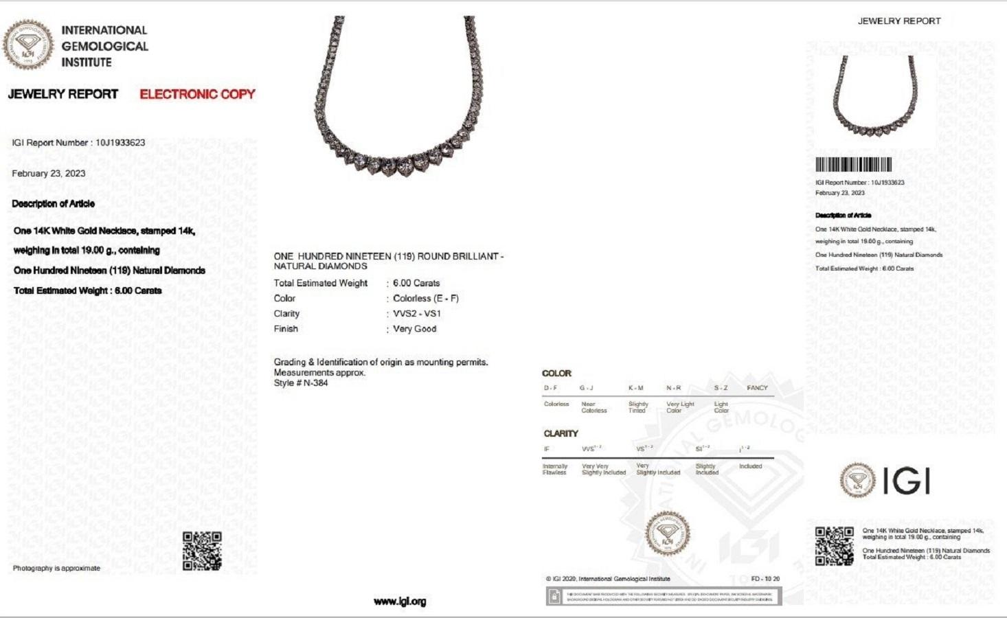 Round Cut Stunning 14k White Gold Riviera Necklace w/ 6ct Natural Diamonds IGI Certificate
