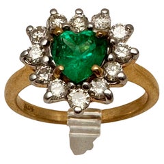 STUNNING - 14k Yellow Gold 6mm Heart Emerald 12 Diamond Cocktail Ring Sz 6 1/4