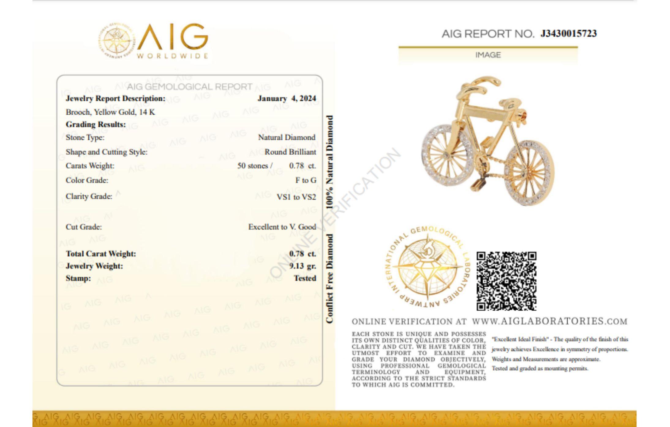 Stunning 14k Yellow Gold Bicycle Brooch with 0.78ct Natural Diamonds For Sale 4